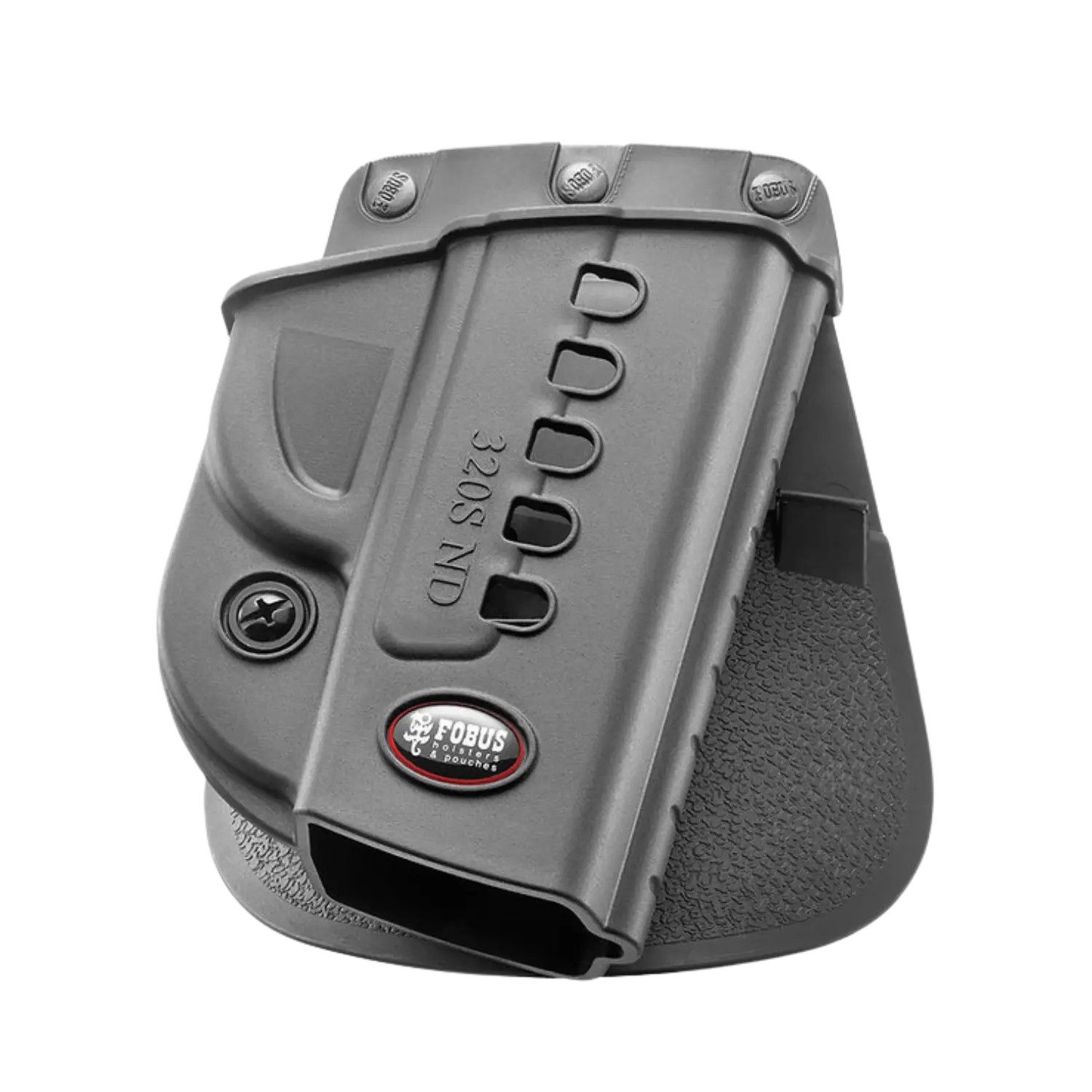 Schwarzes Forbus Holster Modell 320S ND aus Kunststoff mit sichtbarem Logo und mehreren Befestigungslöchern, Vorderansicht.
