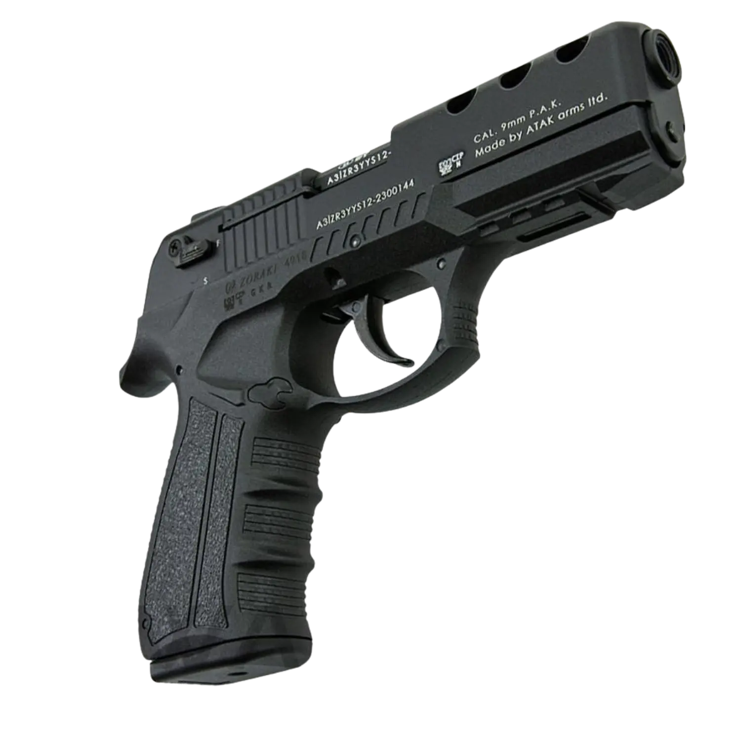 Schwarze Schreckschusswaffe Zoraki 4918 mit geriffeltem Griff, Abzug und Beschriftung 'CAL. 9mm P.A.K. Made by ATAK arms ltd.' auf dem Lauf.