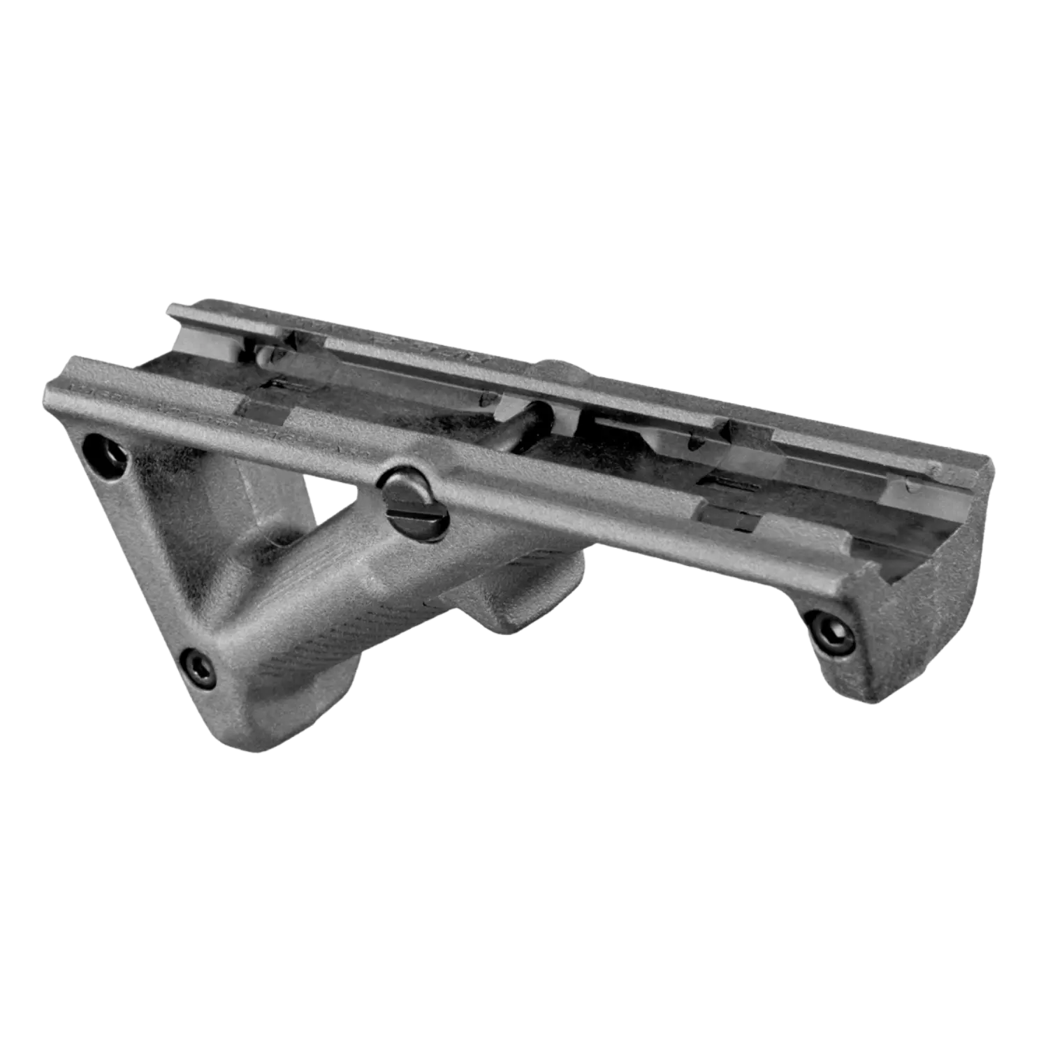 Abgewinkelter, grauer Magpul AFG-2 Vordergriff mit Montageschiene und Schrauben.