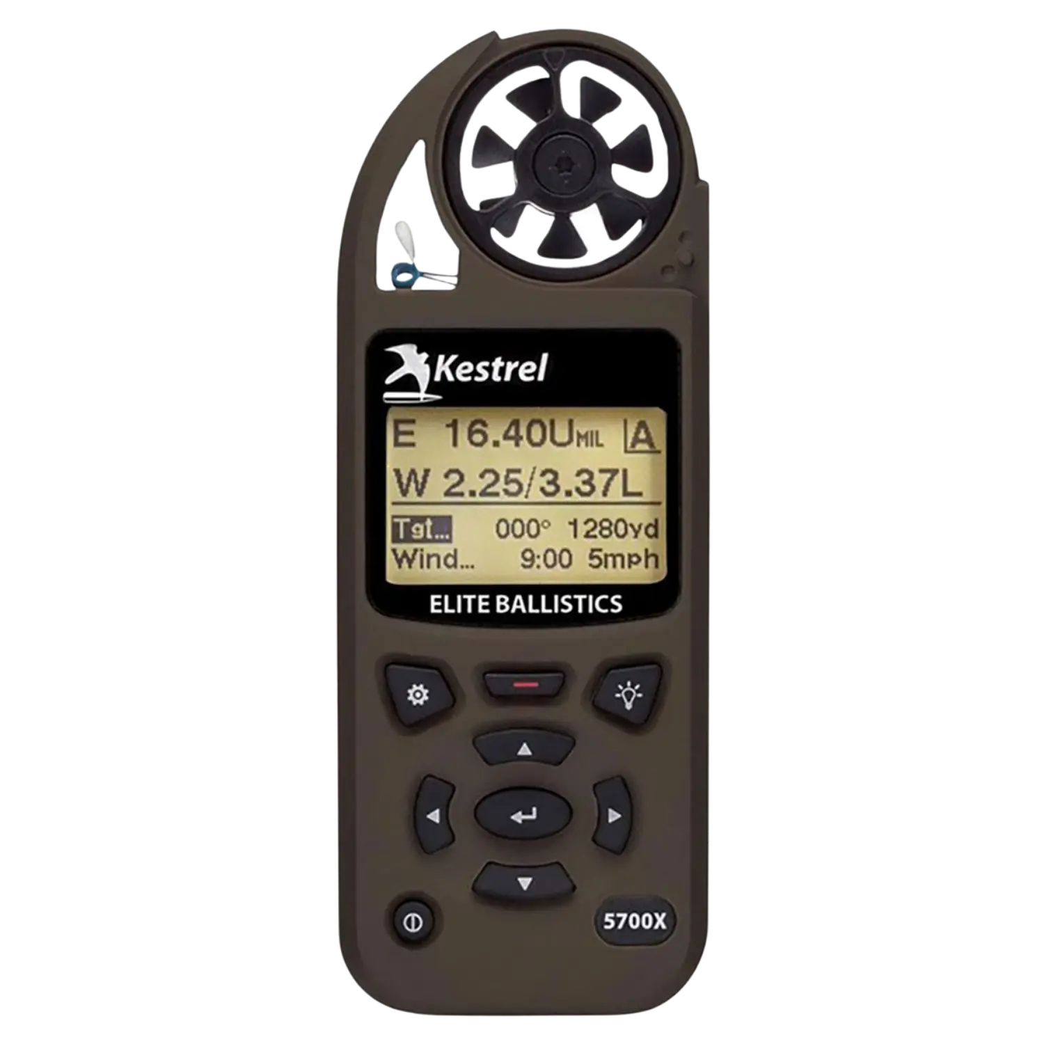 Kestrel 5700X Elite Wettermessgerät mit Display, Tastenfeld und Windmesser-Rotor, Anzeige mit Ballistikdaten und Windgeschwindigkeit in FDE-Farbe.