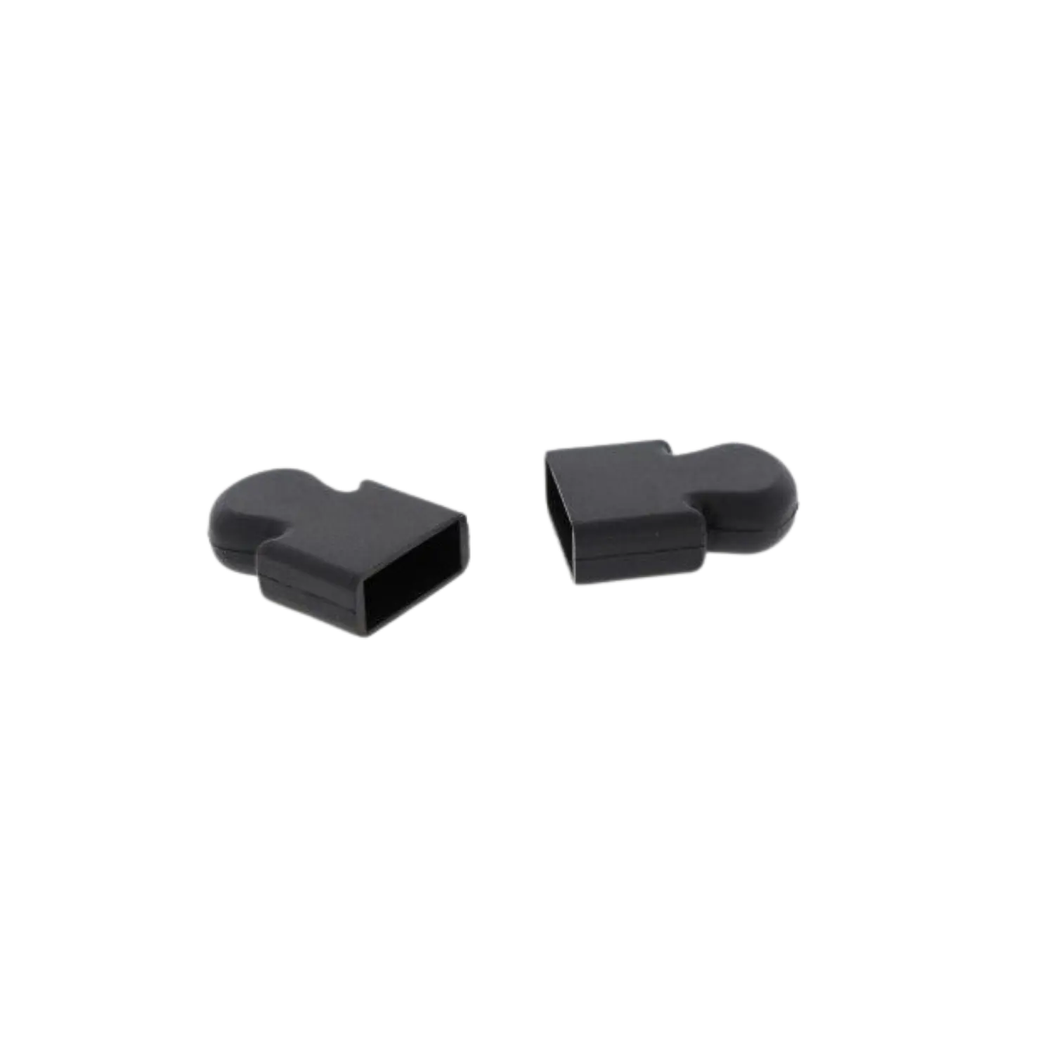 Zwei schwarze Bogenendkappen mit rechteckiger Öffnung und abgerundetem Abschluss für Armbrust Jaguar und Onix.