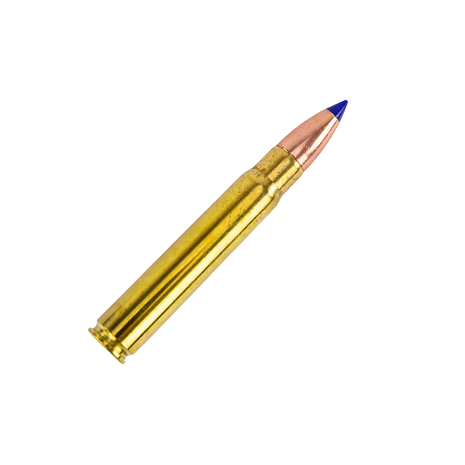 Verschossenes Geschoss vom Typ Barnes Vortex, Kaliber 9,3 mm, mit einer goldenen Hülse und einer spitzen, kupferfarbenen Spitze mit blauer Farbe.