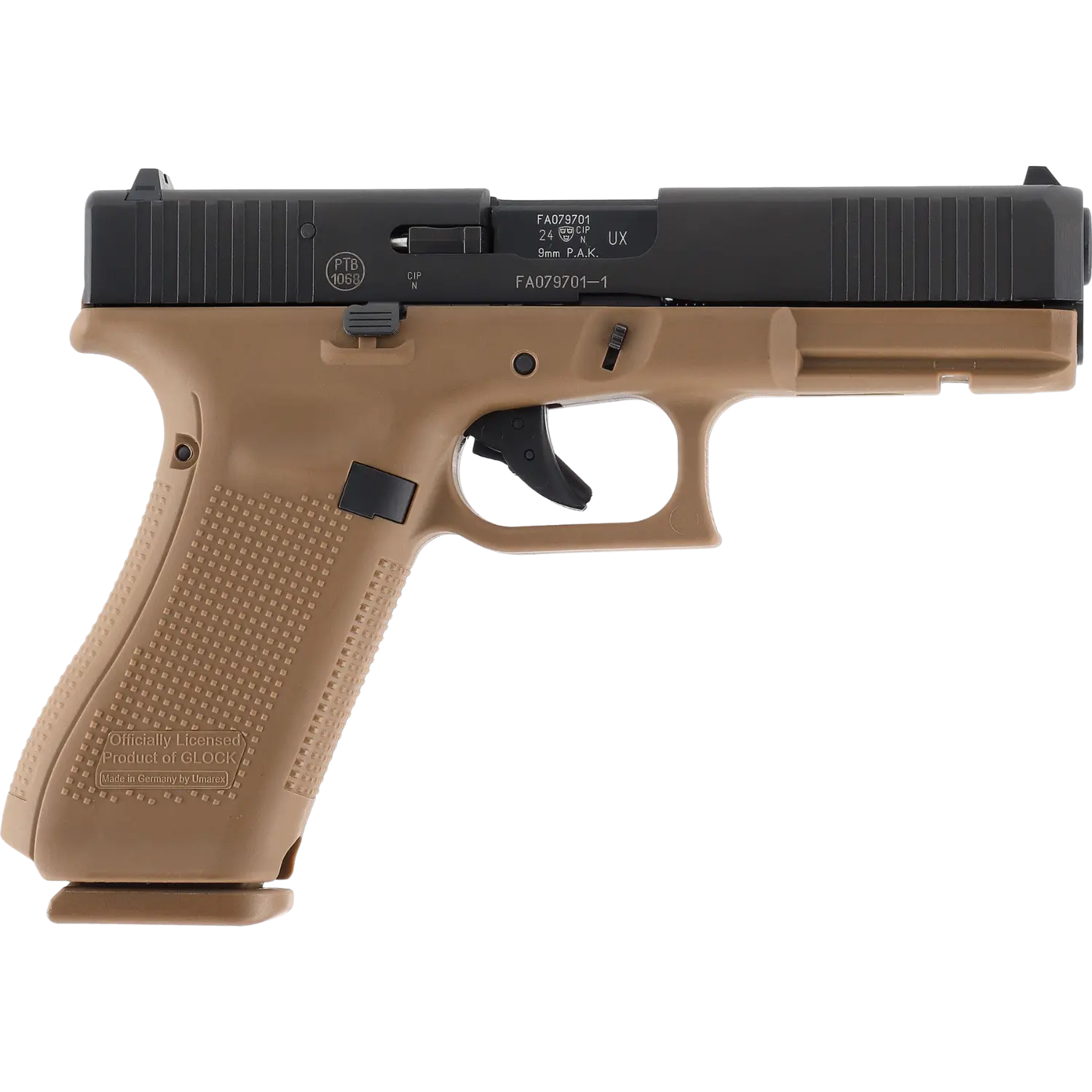 GLOCK 17 Gen5 SV 9mm P.A.K Double Set Coyote-Black GLOCK 17 Gen5 SV 9mm P.A.K. Pistole mit coyote-farbenem Griff und schwarzem Schlitten, seitliche Ansicht rechts.