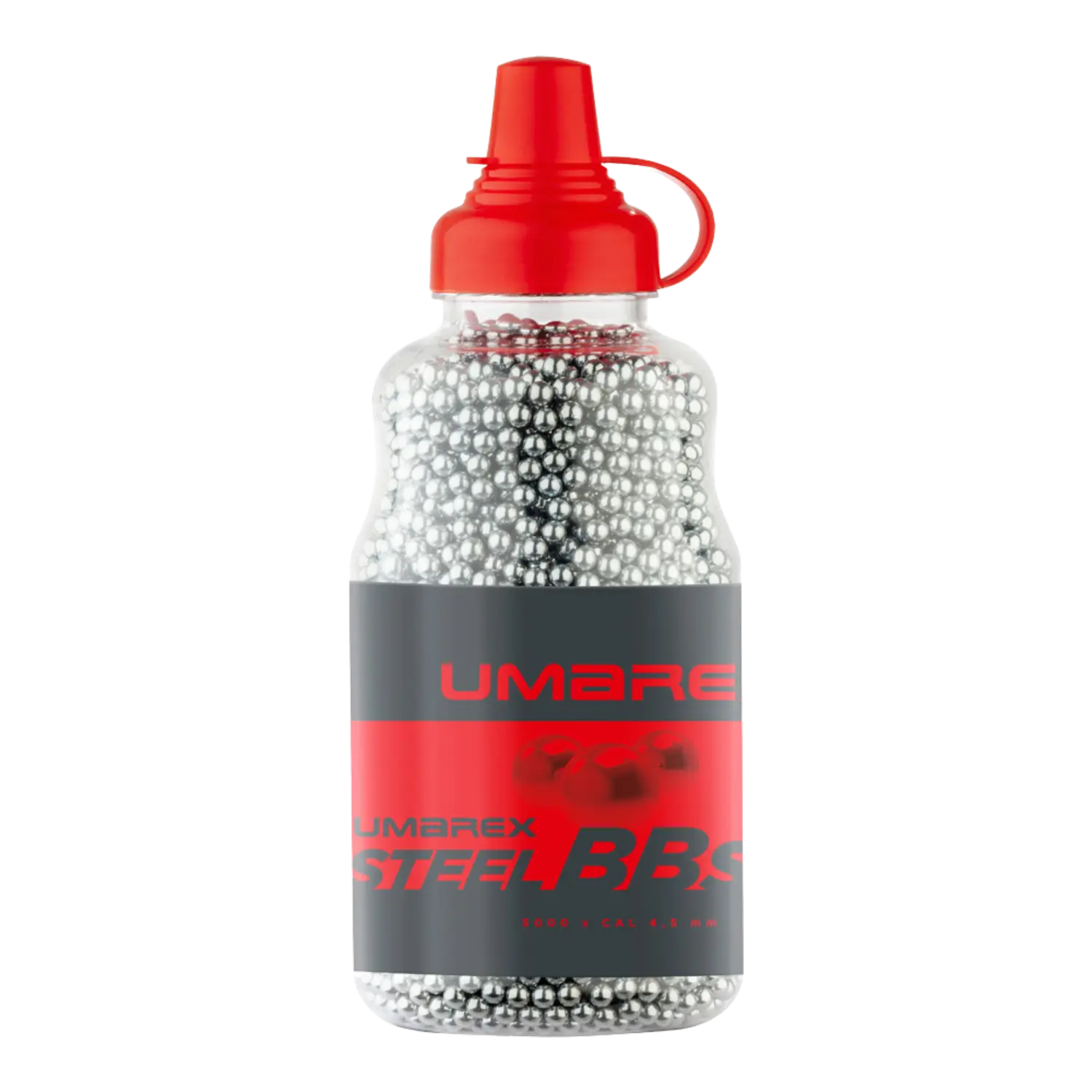 Klare Kunststoffflasche mit rotem Verschluss, gefüllt mit silbernen Stahl-BB-Kugeln, beschriftet mit 'UMAREX STEEL BBs'.
