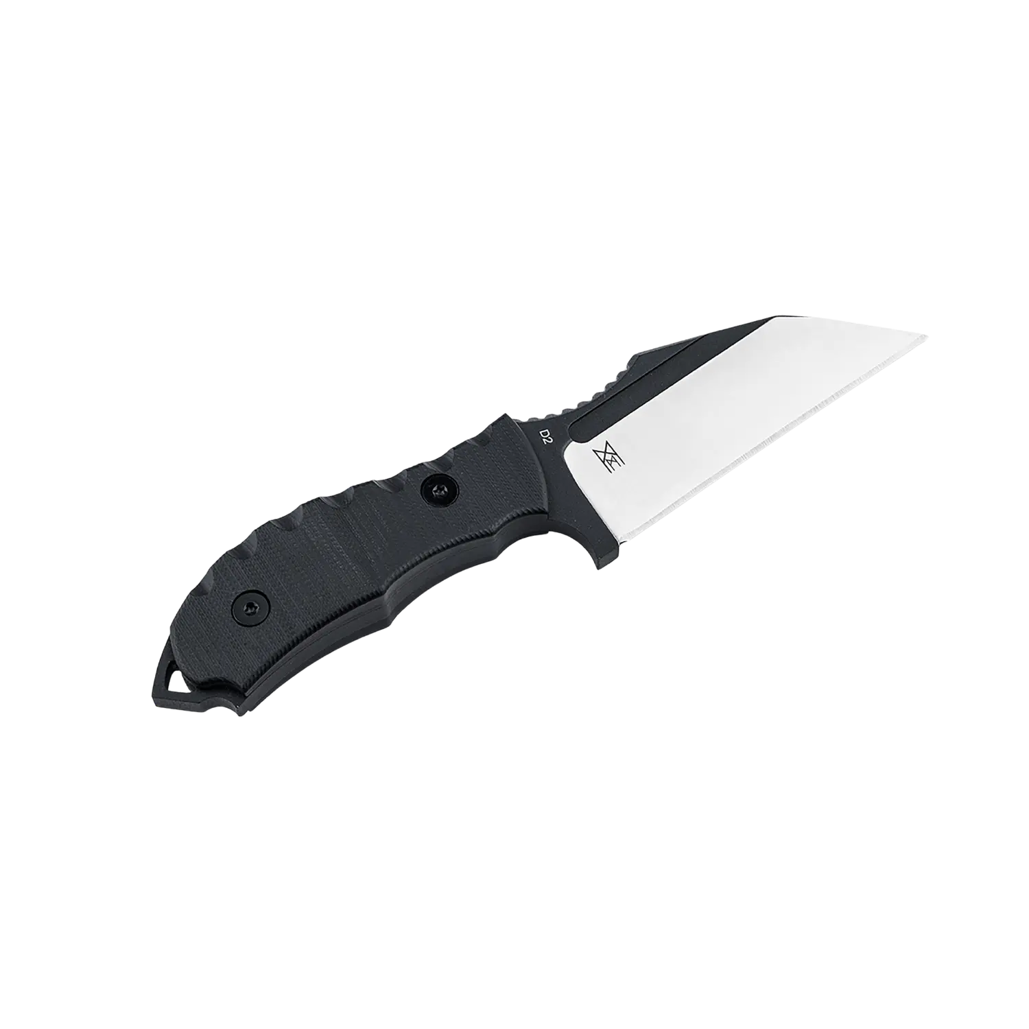 Böker Plus Andhrimnir Mini Black Taschenmesser mit schwarzem Griff und kurzer, gerader Klinge mit Logo. Klinge nach oben rechts zeigend.