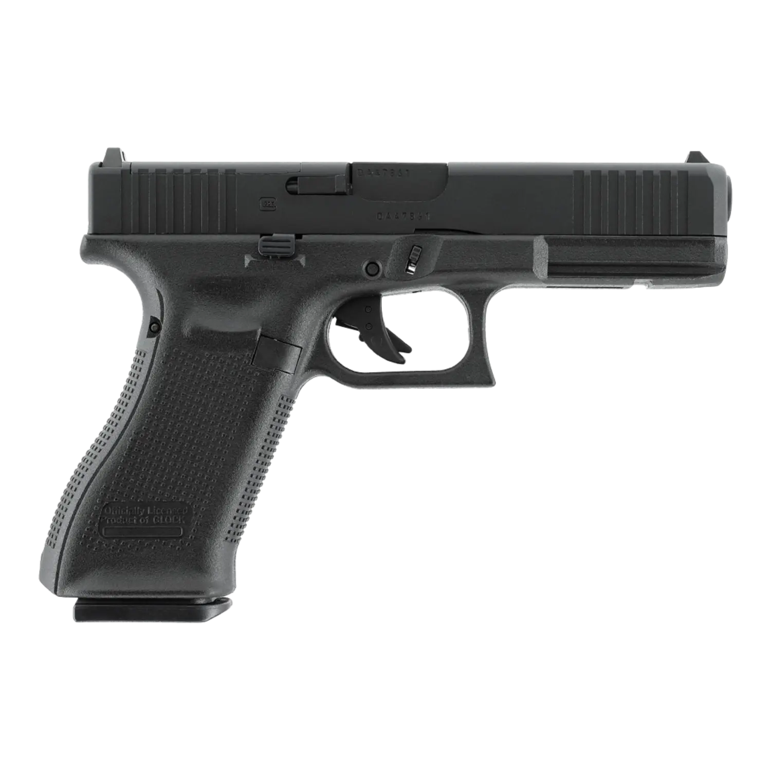 Schwarze CO2-Pistole Glock 17 Gen 3 mit Grifftextur, Abzug und Visier, seitliche Beschriftung 'Glock 17 Gen 3 Austria 9x19'.