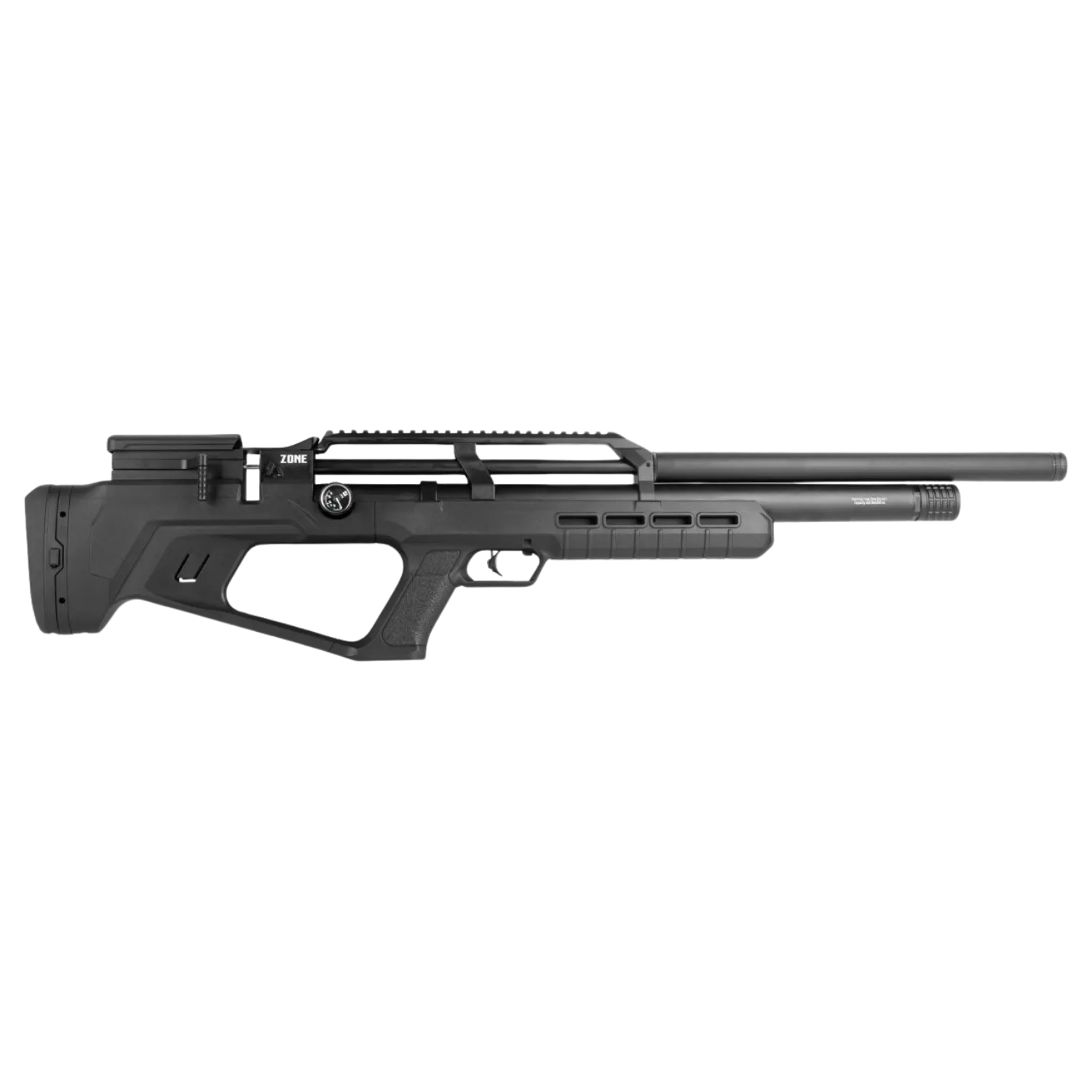 Schwarzfarbige Luftgewehr-Rifle von REXIMEX mit einem langen Lauf, einem ergonomischen Schaft und einer Picatinny-Schiene auf der Oberseite. Modellname 'Zone'.