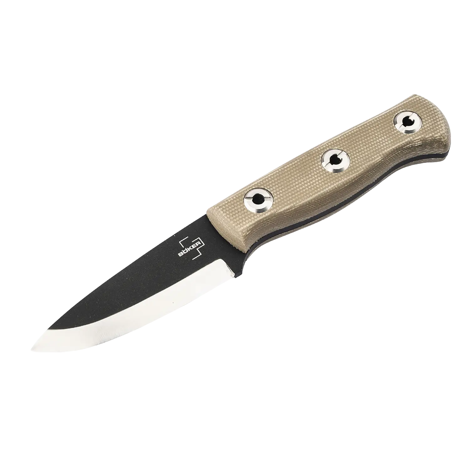 Böker Plus Vigtig 2.0 Messer mit schwarzer Klinge und beigem Griff mit drei sichtbaren Schrauben.