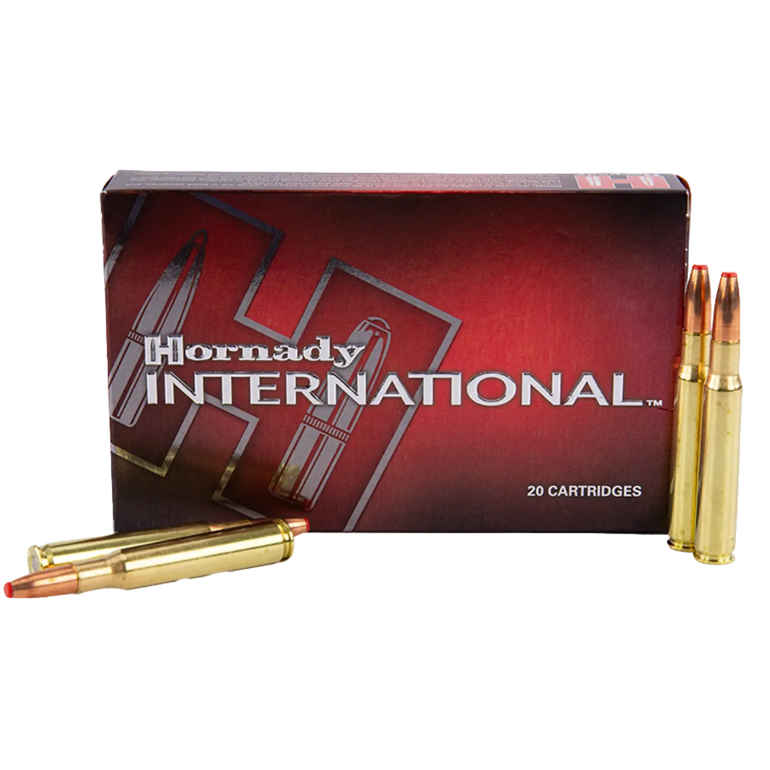 Eine Packung mit 20 Patronen der Marke Hornady International. Die Packung ist rot und zeigt eine Abbildung von Patronen. Drei Patronen liegen vor der Packung.