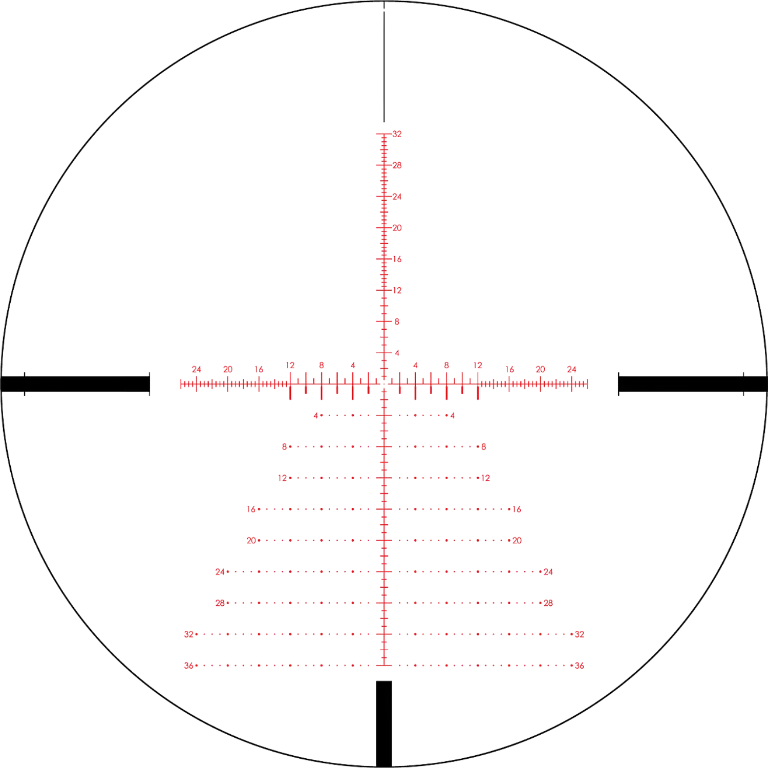 Abbildung des Absehen-Designs EBR-7C MOA für das Vortex Strike Eagle Zielfernrohr 3-18x44. Rote Markierungen und Skalen sind sichtbar.