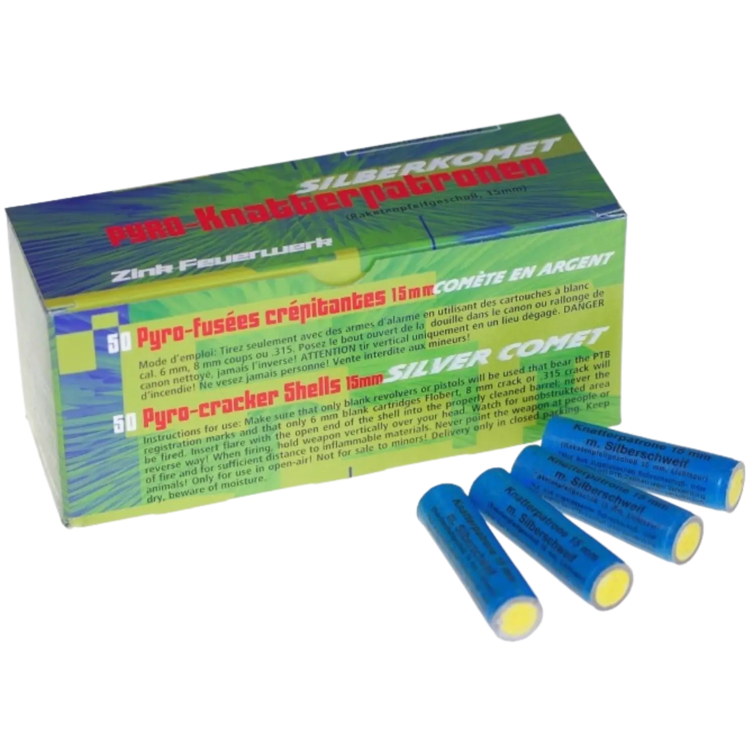 Verpackung von 'Zink Pyro-Knatterpatronen', 50 Stück, mit buntem Design. Vier Knatterpatronen liegen vor der Verpackung.