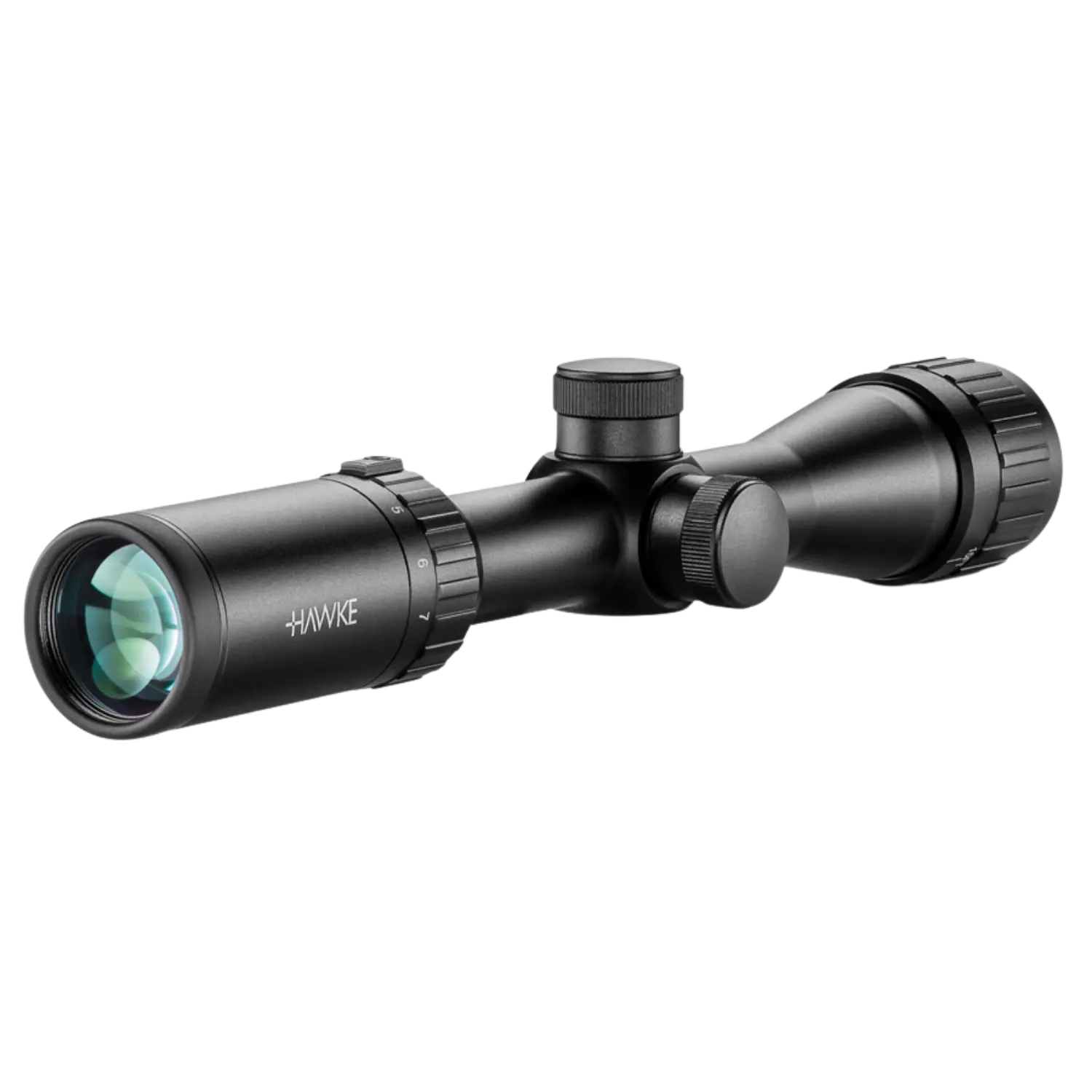 Hawke Vantage 2-7x32AO MilDot Zielfernrohr Schwarzes Hawke Vantage 2-7x32AO MilDot Zielfernrohr mit verstellbaren Einstellrädern und grünlich beschichteter Frontlinse.