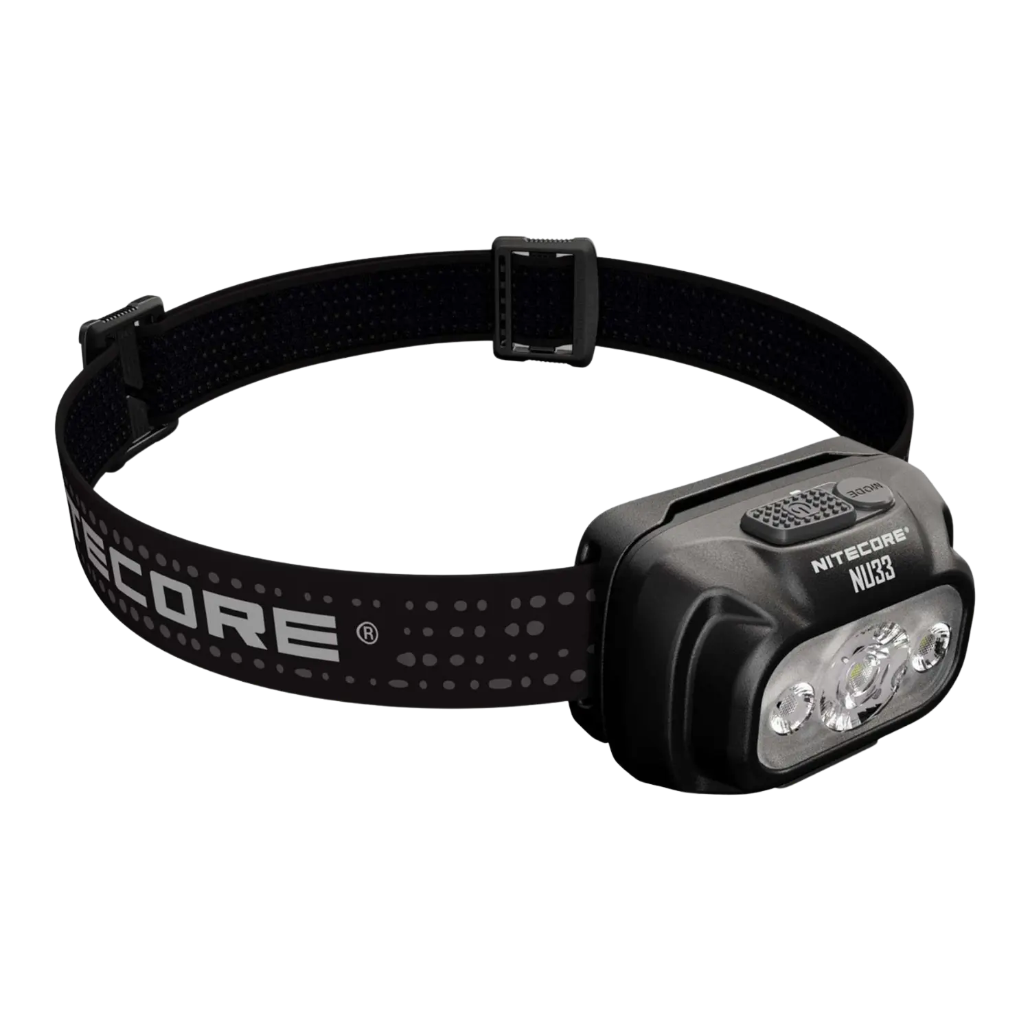 Nitecore NU33 Stirnlampe mit verstellbarem schwarzen Kopfband und drei LED-Leuchten