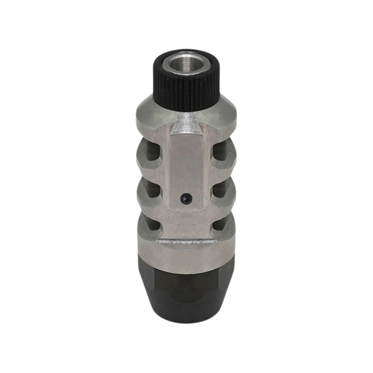 Taktische Mündungsbremse aus Edelstahl mit drei Kammern und schwarzer Rändelmutter