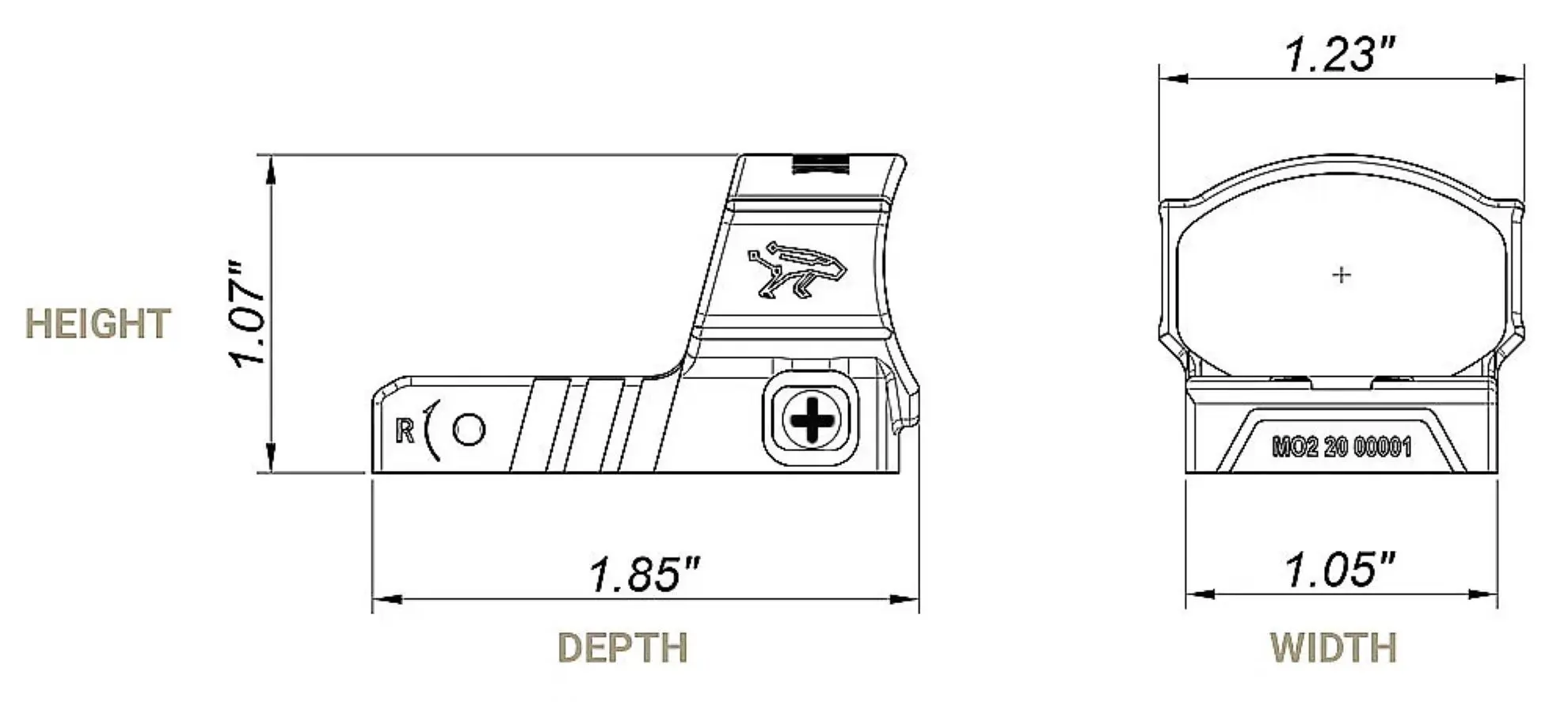Technische Zeichnung eines Rotpunktvisiers mit den Maßen: Höhe 1,07", Tiefe 1,85", Breite 1,05". Sichtbar sind auch ein Logo und eine Schraube.