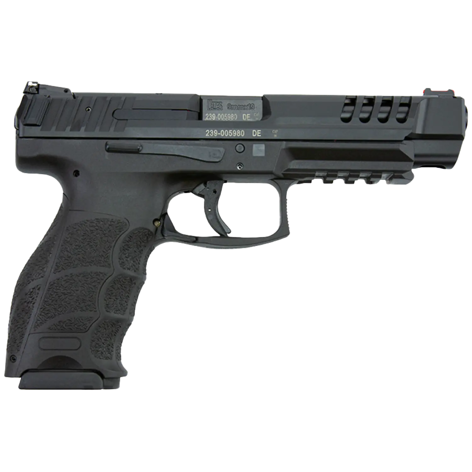 Heckler und Koch SFP9L-SF Pistole Kaliber 9mm Luger, schwarze Polymer- und Metallkonstruktion, Seitenansicht rechts