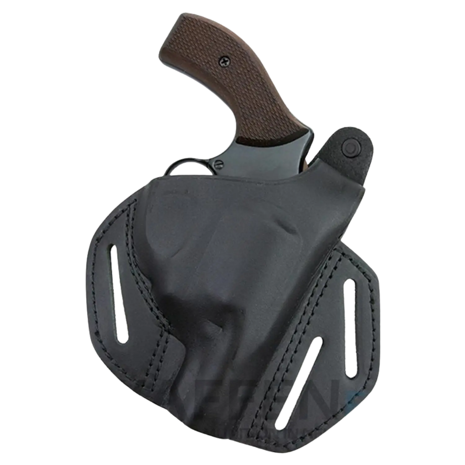 Leder-Gürtelholster schwarz für 2 Zoll Revolver für K-Rahmen Schwarzes Leder-Gürtelholster für einen 2 Zoll Revolver, mit sichtbarem Griff aus Holz und einer schwarzen Halterung.