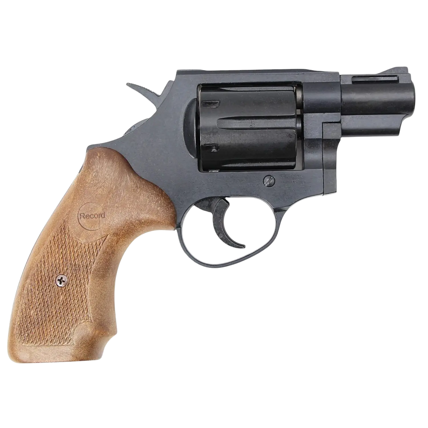 Revolver Modell Chief 2 mit brüniertem Lauf und Holzgriff mit Rautenmuster und eingraviertem Schriftzug 'Record'