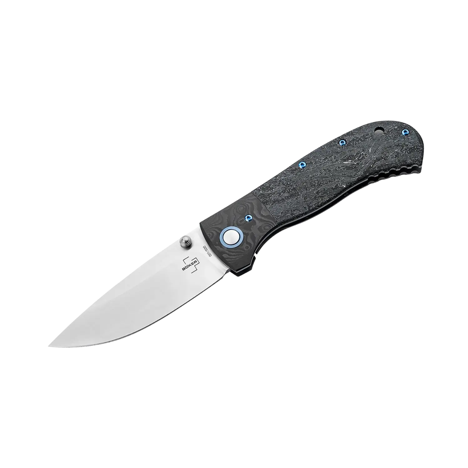 Klappmesser mit silberner Klinge und schwarzem Griff mit blauen Schrauben, Modell 01BO2024 Collection 2024