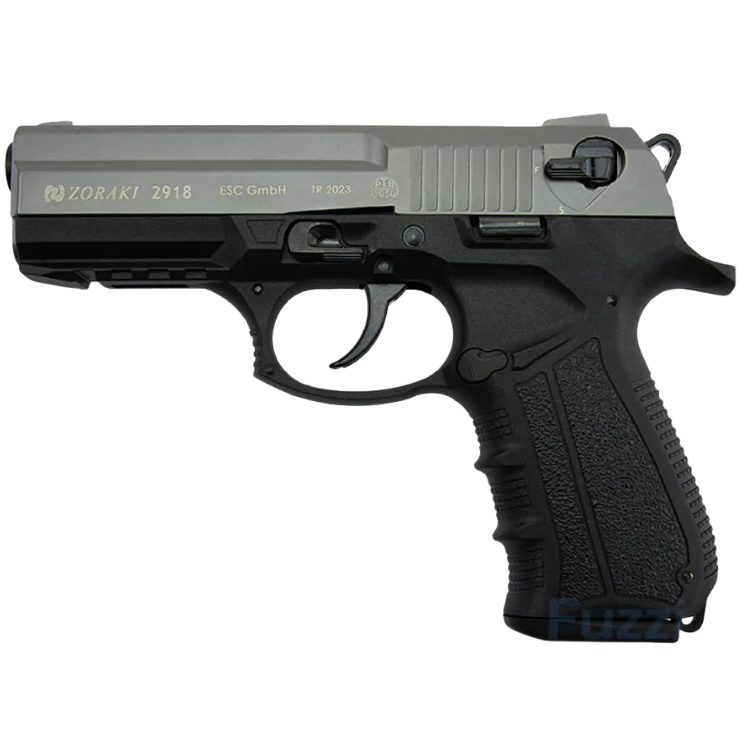 Zoraki 2918 Schreckschusspistole in Schwarz und Silber, mit einem ergonomischen Griff und einem Abzug. Auf der linken Seite ist das Logo 'ZORAKI' sichtbar.