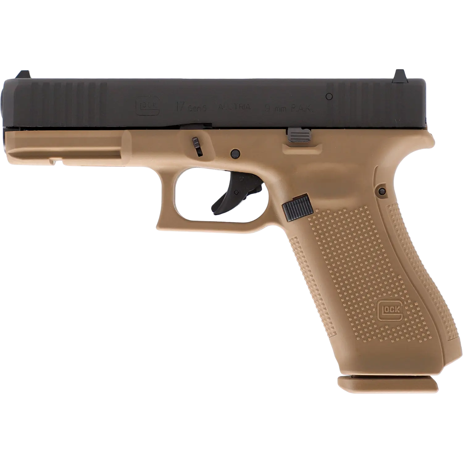 GLOCK 17 Gen5 SV Pistole mit schwarzem Schlitten und coyote-farbenem Griff, halbautomatisch, 9mm P.A.K. Kaliber.