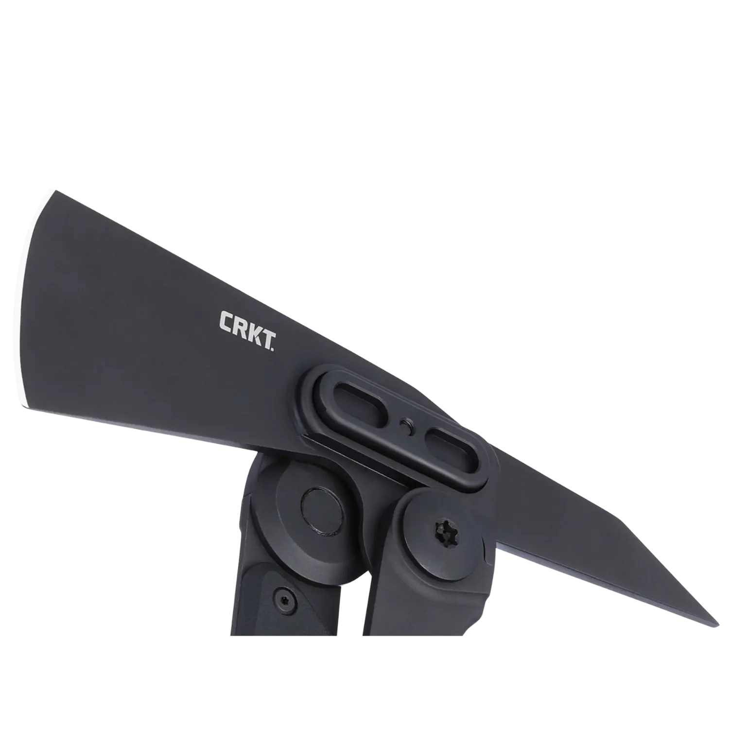 Schwarze CRKT Provoke X Klapp-Axt mit markantem, spitz zulaufendem Kopf und sichtbarem Gelenkmechanismus