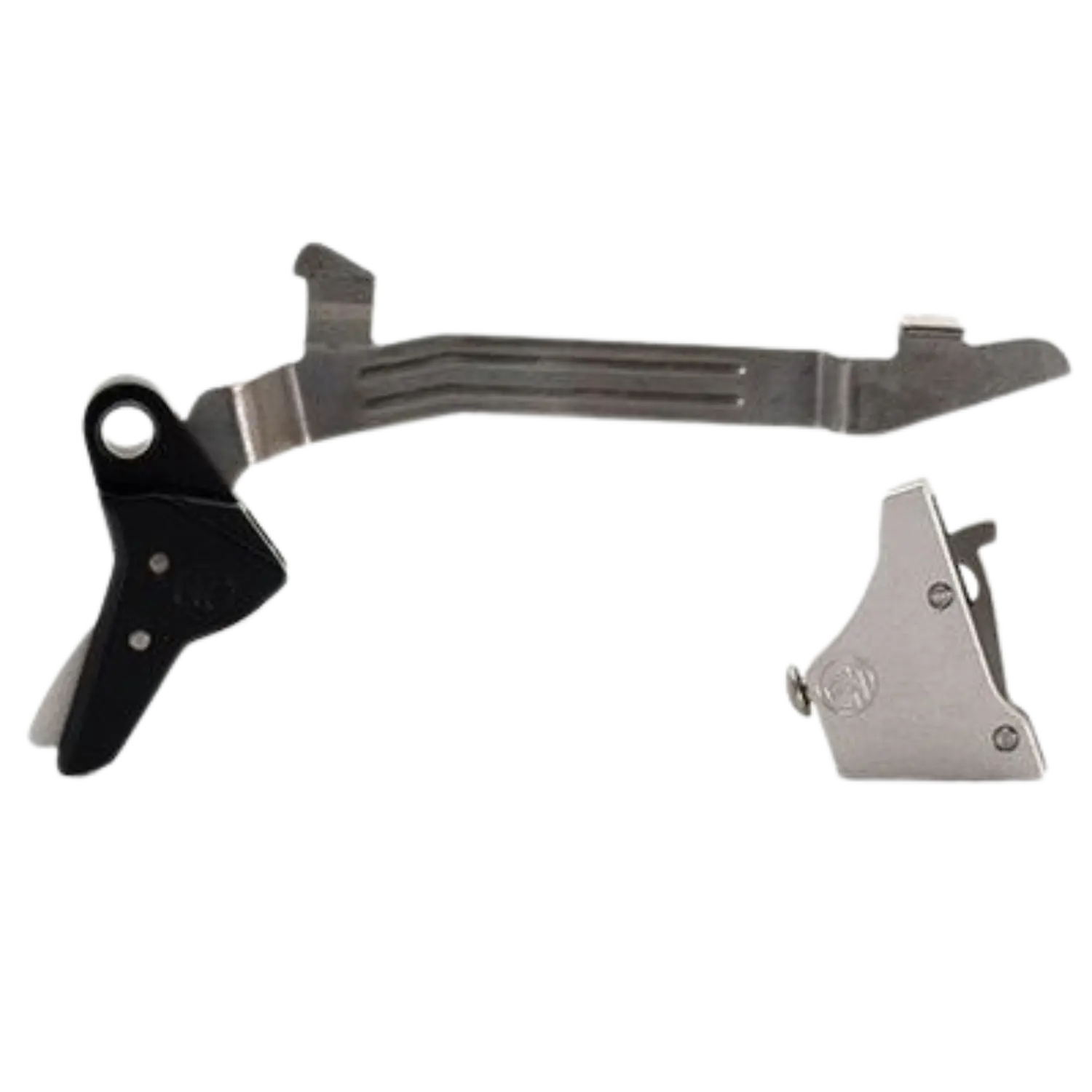Timney Alpha Abzug für Glock 3-4 Large Silber Metallischer Abzug mit schwarzem Hebel und silbernem Gehäuse, flach und gebogen, mit mehreren Befestigungspunkten.