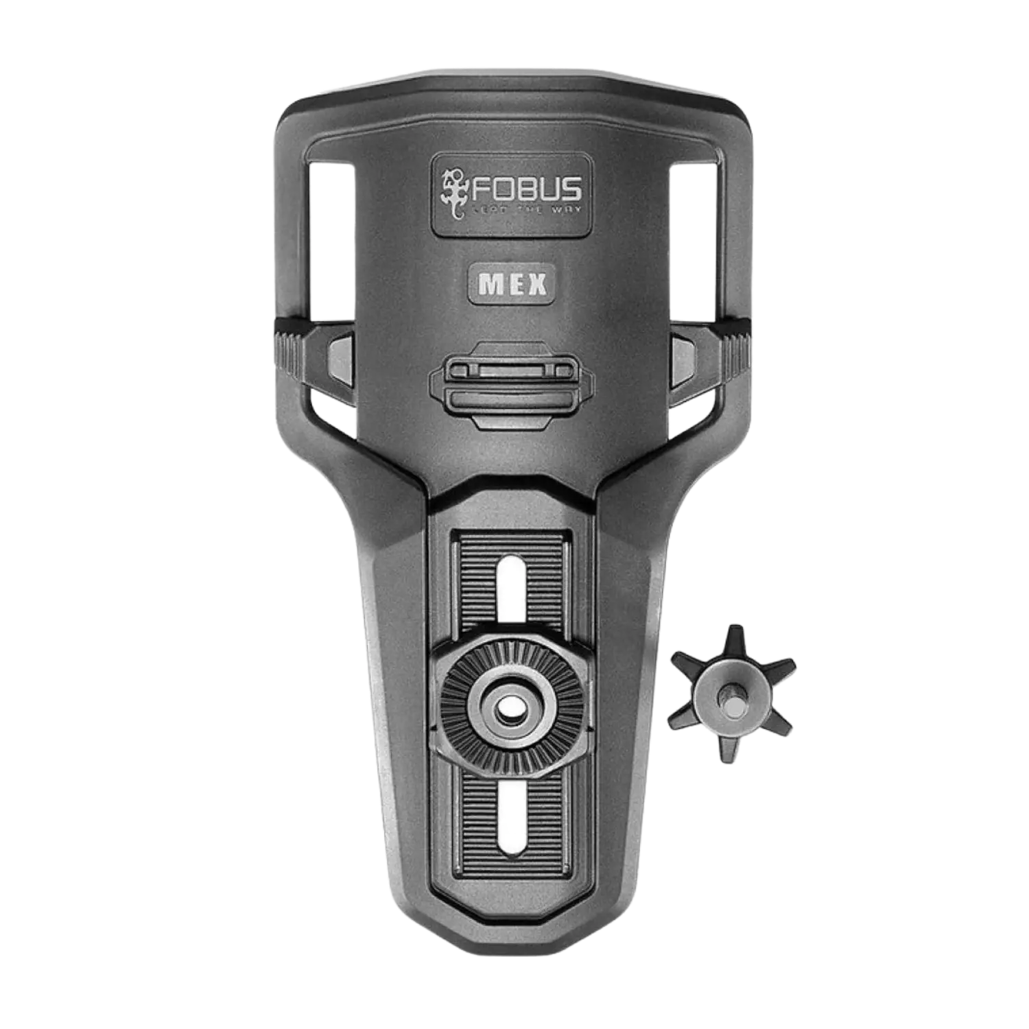 Fobus Paddle Holster für Revolver .38 / .357Mag. mit Rotationsverstellung Schwarzer Forbus Paddle Holster mit verstellbarem Riemenhalter und separatem sechszackigem Befestigungsstern aus Kunststoff.