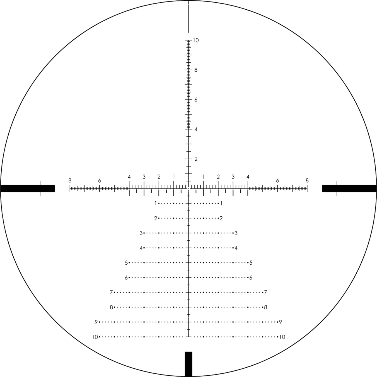 Schwarz-weiße Zielscheibe mit Fadenkreuz und Maßskalen in vertikaler und horizontaler Achse.