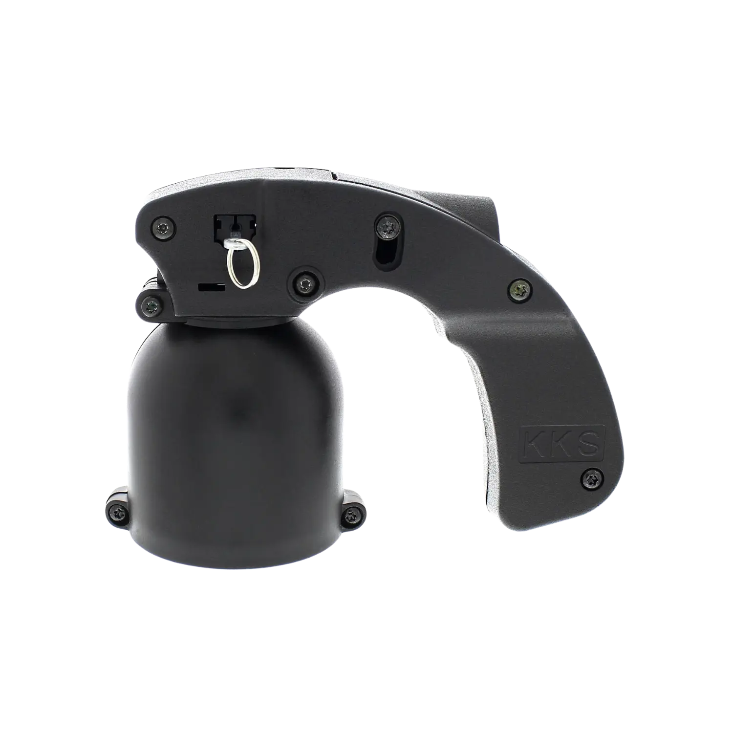Schwarze Sicherheitsvorrichtung mit Griff und Sicherungsring, beschriftet mit 'KKS', für Vesk Pfefferspraybehälter, 400 ml Fassungsvermögen.