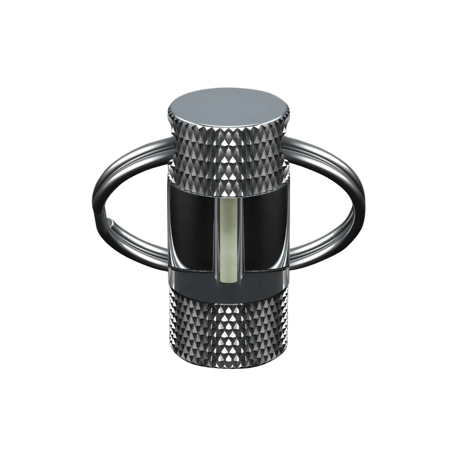 Zylindrischer Metallanhänger mit geriffelter Oberfläche und zwei seitlichen Ringen.