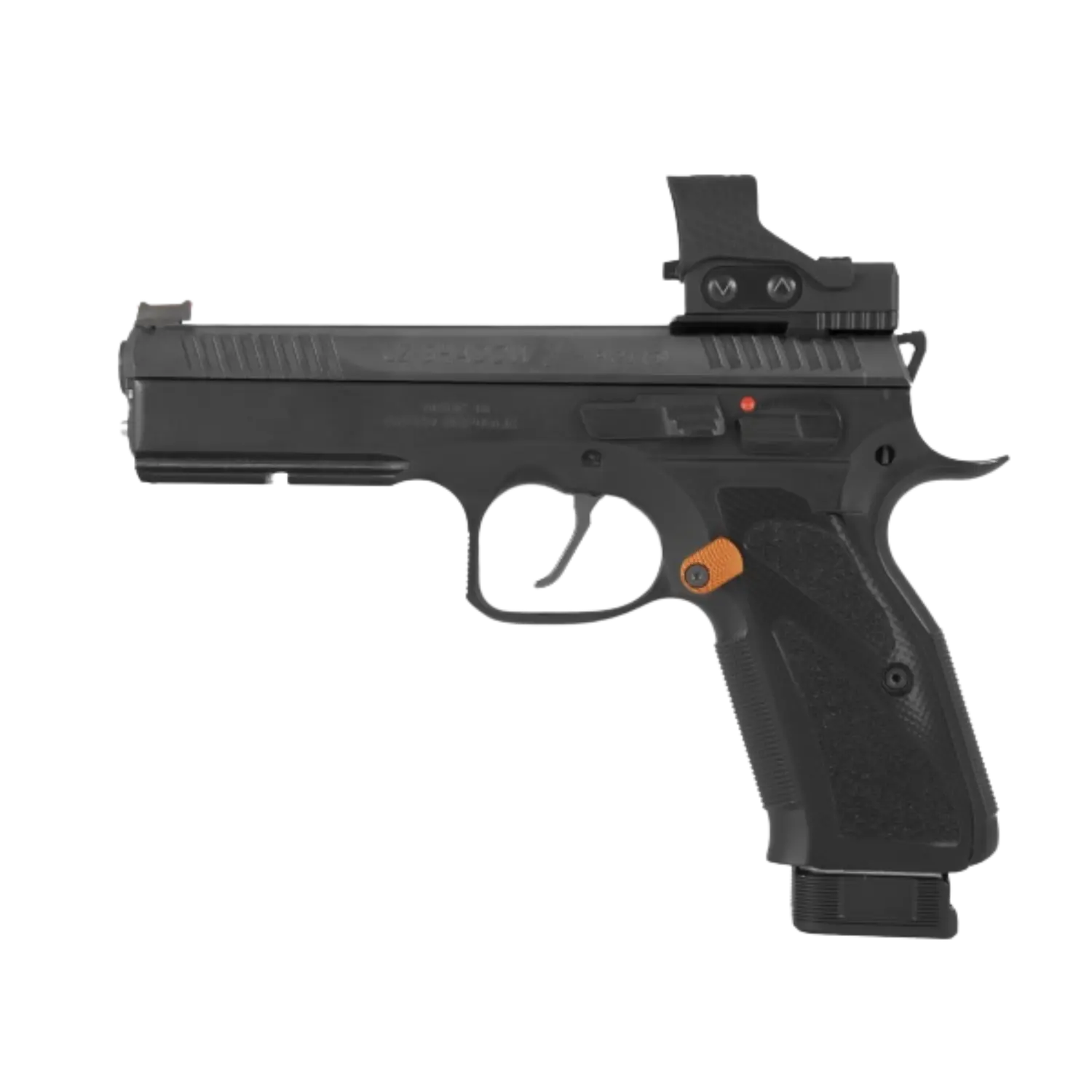 orangefarbenem, vergrößertem Magazinauslöseknopf der Marke Toni System
