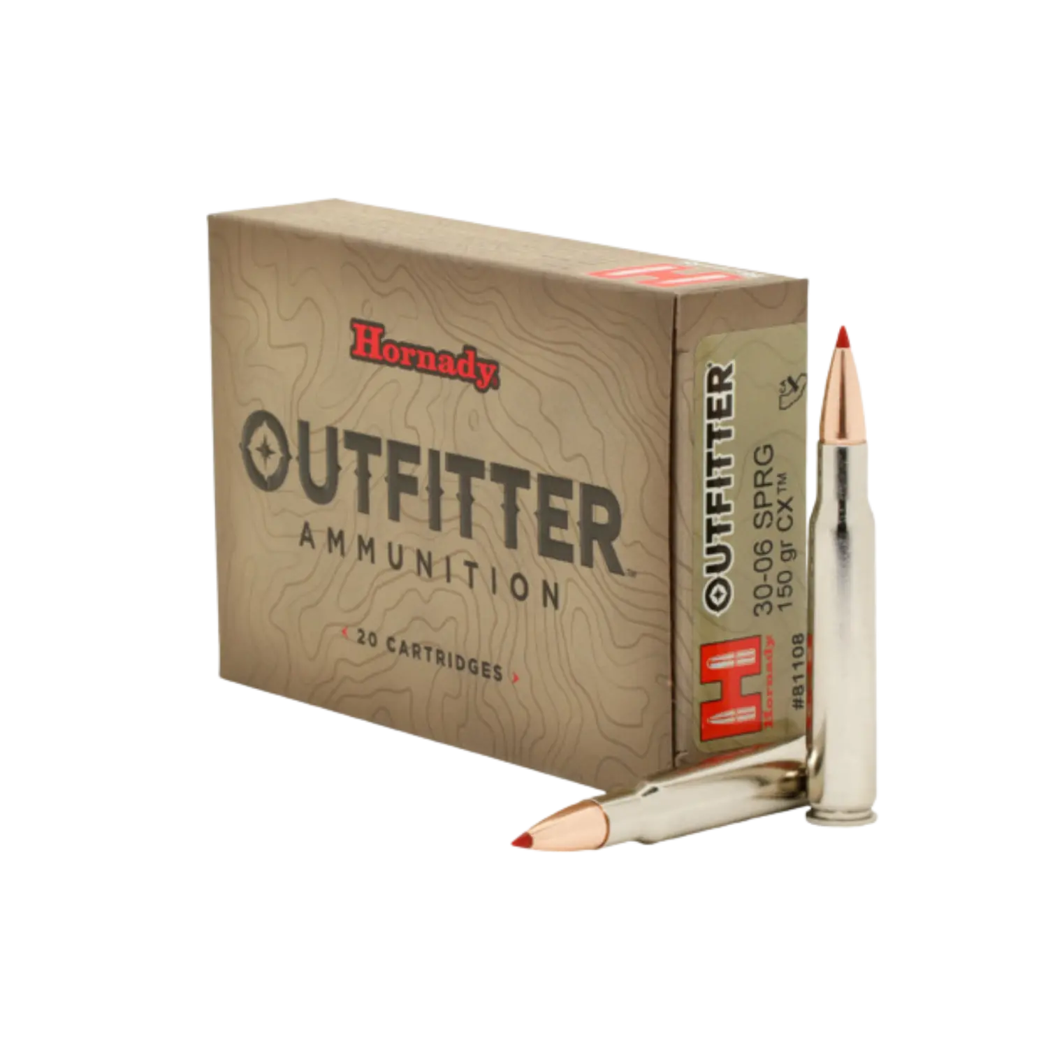 Hornady Outfitter .30-06 Springfield 150gr CX Munitionspaket von Hornady im Kaliber .30-06 Springfield mit dem CX Geschoss. Die Hülse ist selber.