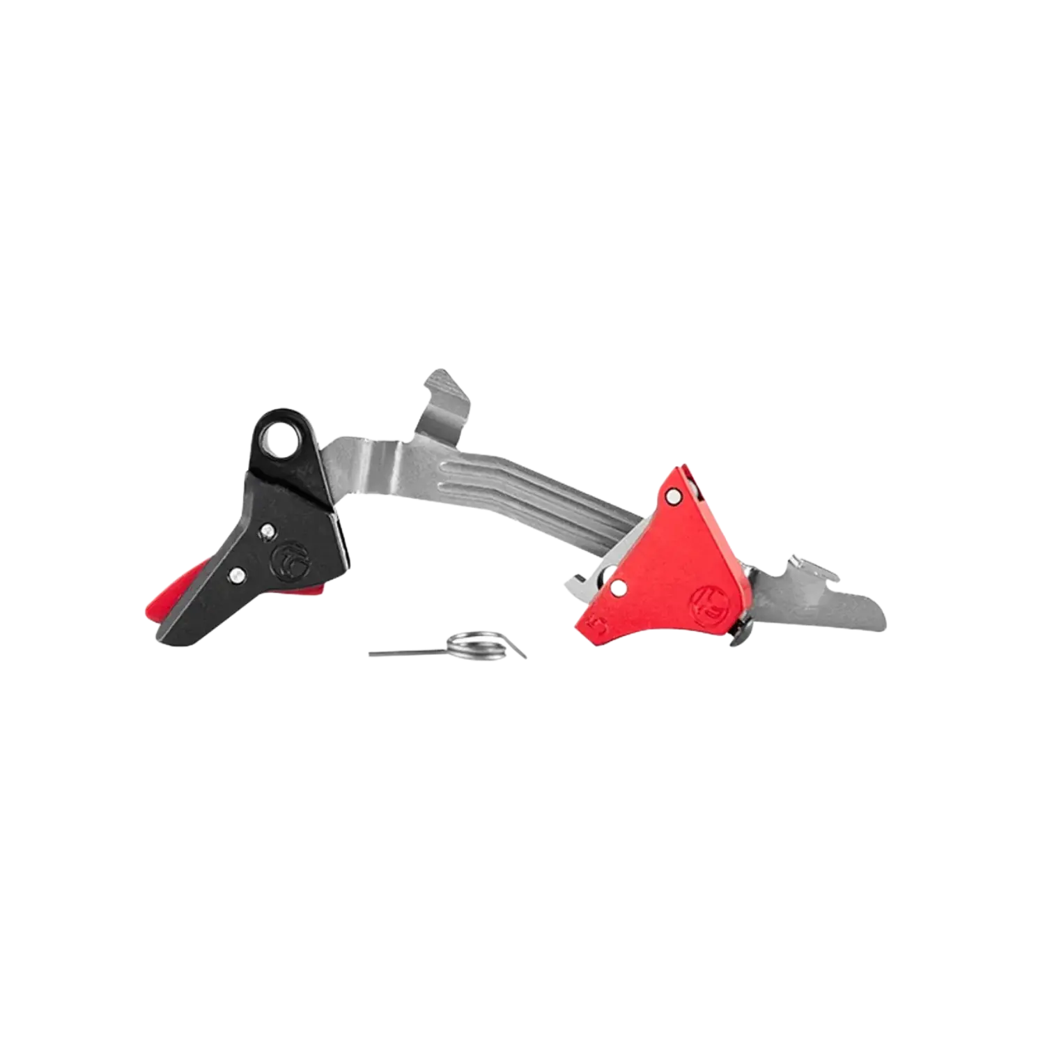 Timney Alpha Abzug für Glock Gen 5 Abzug mit schwarzem und rotem Hebel, silbernem Metallarm und separater kleiner Spiralfeder, technische Baugruppe