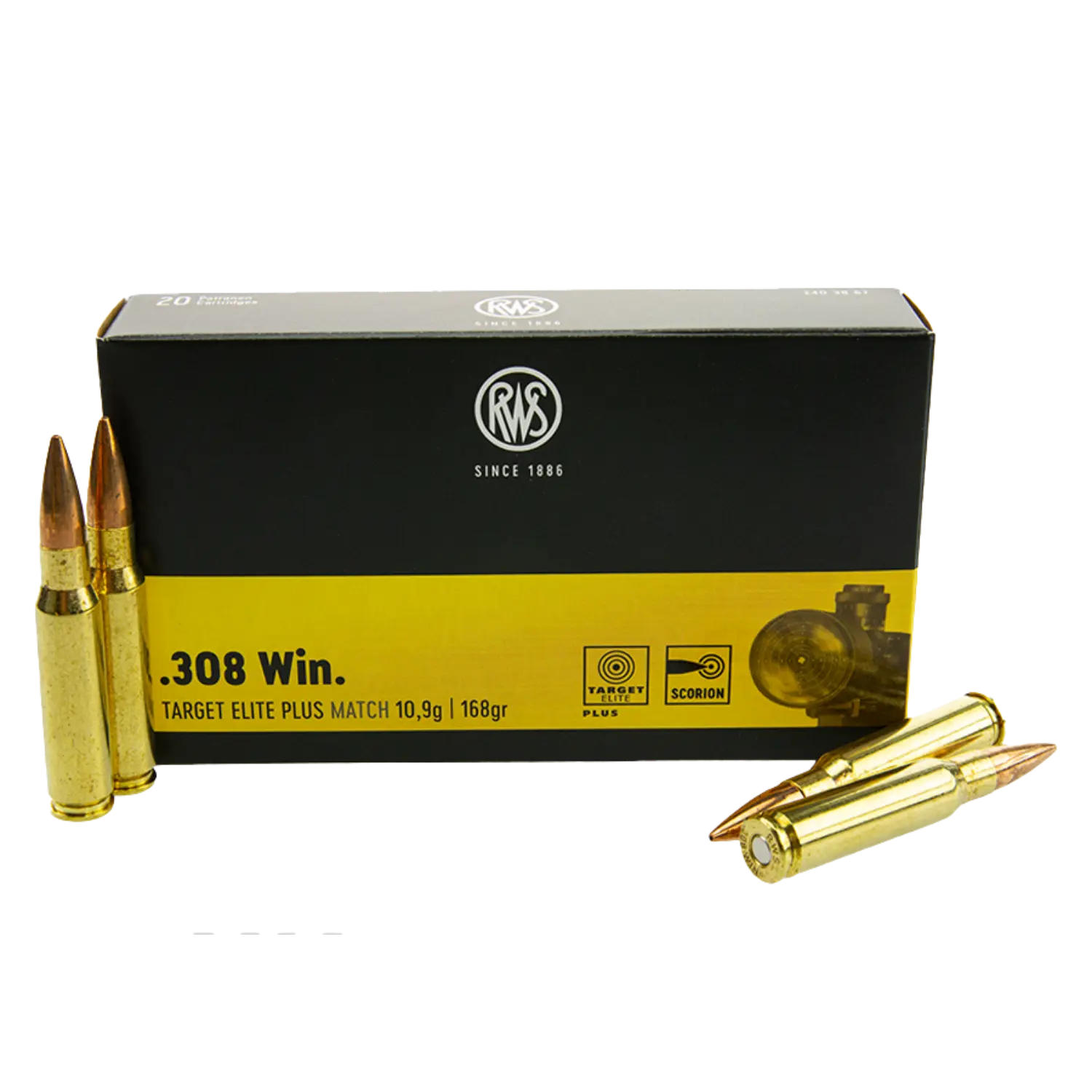 Schwarze und gelbe Munition Schachtel mit der Aufschrift '.308 Win. TARGET ELITE PLUS MATCH 10,9g | 168gr' und vier Patronen, zwei stehend links, zwei liegend rechts