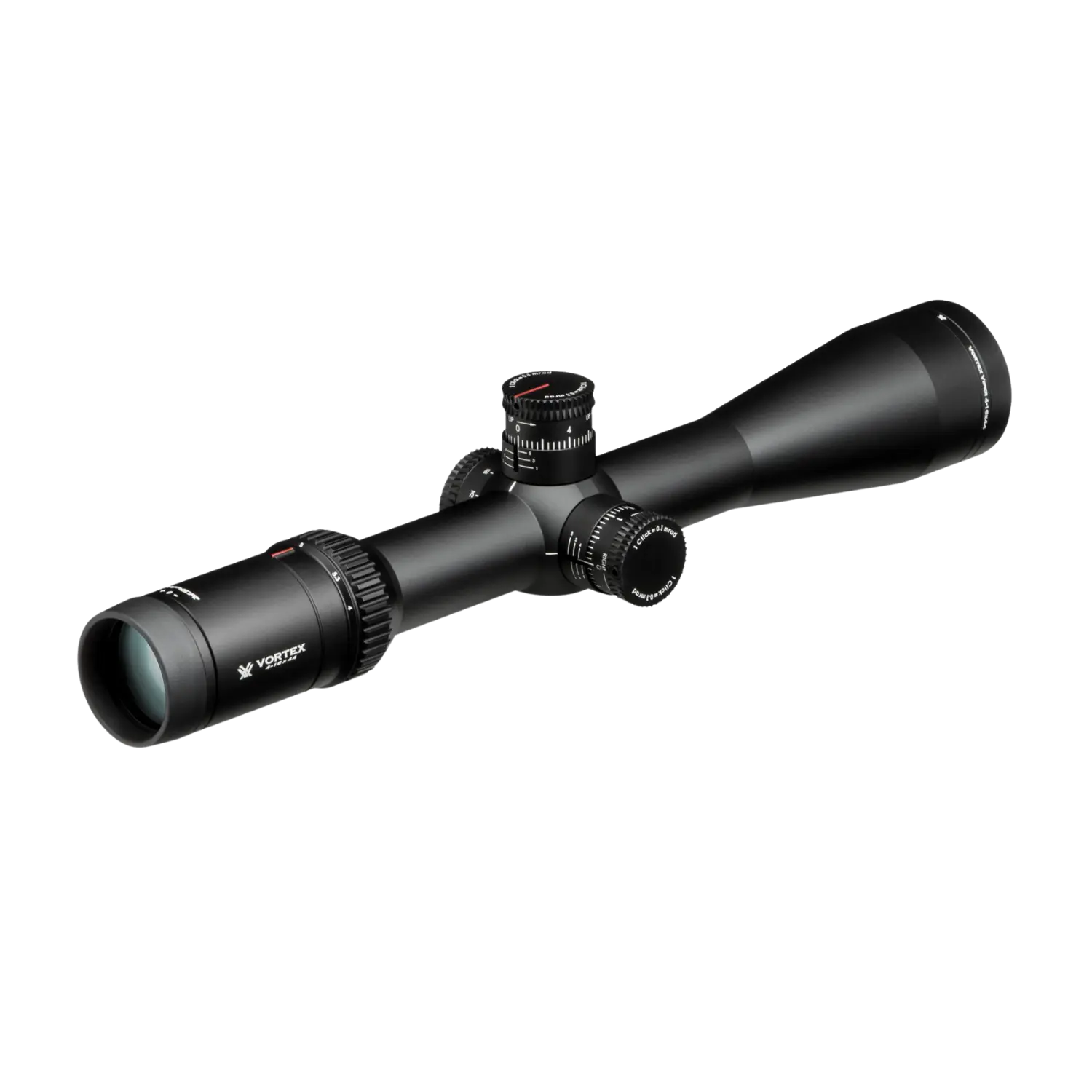 Vortex Zielfernrohr Viper HS-T 4-16x44, schwarz, mit einem langen Rohr, zwei Einstellrädern und einem Objektiv mit grünem Glas.