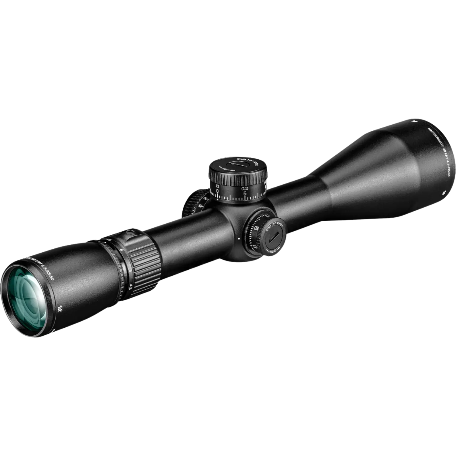 Vortex Razor LHT 4,5-22x50 FFP XLR-2 MRAD, schwarzes Zielfernrohr mit zwei Einstellrädern und einem langen, schlanken Gehäuse.
