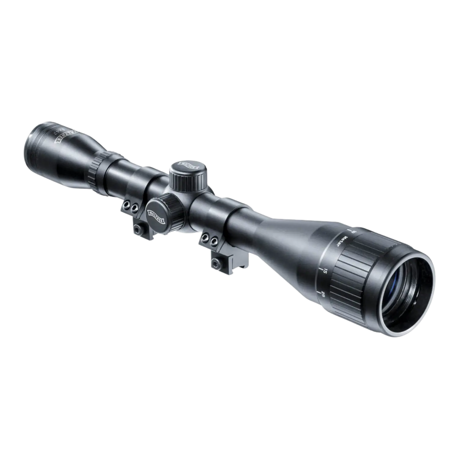 Walther Zielfernrohr ZF6x42, schwarz, mit zwei Linsen und einem zentralen Einstellrad, montiert auf einer Basis.