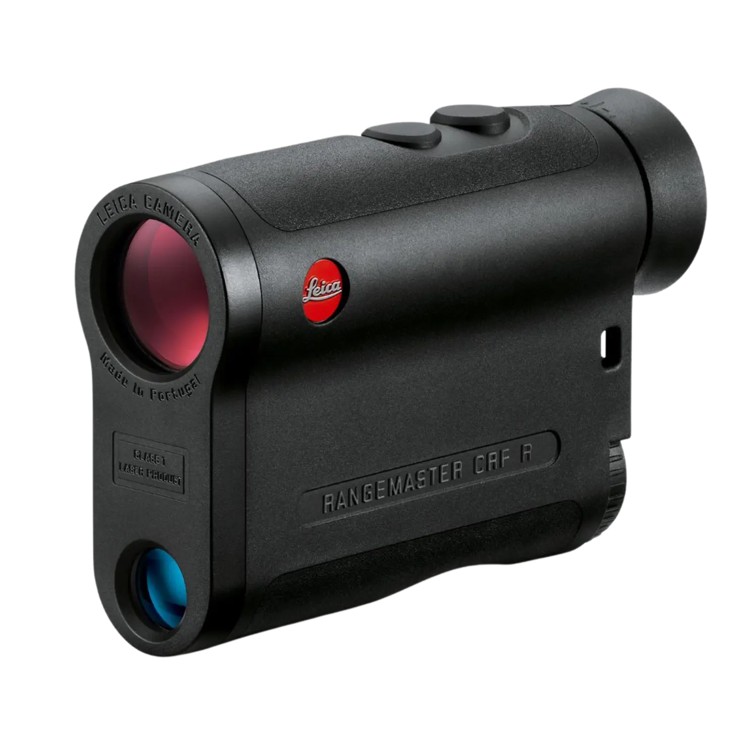 LEICA Rangemaster CRF R Laser-Entfernungsmesser Schwarzer Entfernungsmesser Leica Rangemaster CRF A mit rotem Leica-Logo, zwei Tasten oben und zwei unterschiedlich farbigen Linsen vorne.