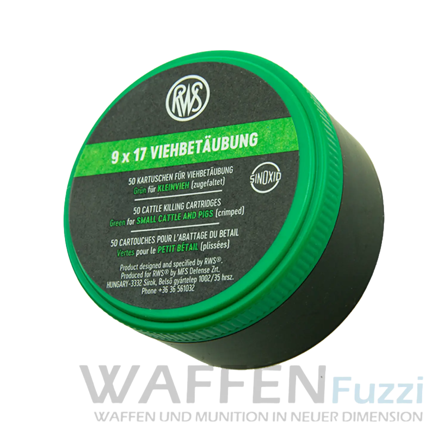 Kerner Viehbetäubungspatronen GRÜN Kaliber 9x17 Grüne Dose mit schwarzem Deckel, Aufschrift '9 x 17 VIEHBETÄUBUNG', enthält 50 Kartuschen für Viehbetäubung, geeignet für Kleinvieh, kleine Rinder und Schweine, Marke RWS