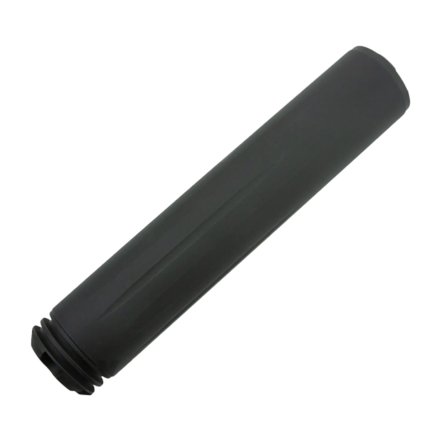 Schalldämpfer XL für HW 100 Luftgewehre, zylindrische Form, schwarz, mit Gewindeanschluss am Ende.