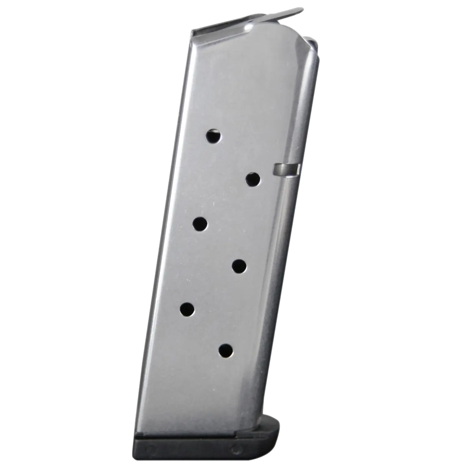 Check-Mate 1911 Style Magazin .45ACP 8-Schuss Edelstahl Magazin für eine 1911 Pistole, 45 ACP, aus silbernem Metall, mit sechs sichtbaren Löchern zur Anzeige des Füllstands.