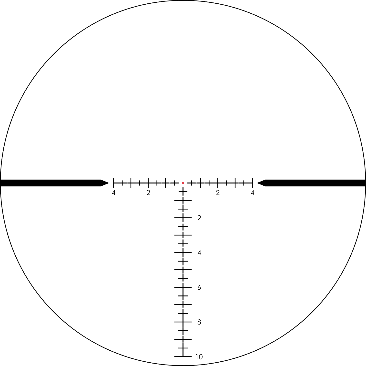 Nahaufnahme des Absehens RazorLHT HSR-5i mrad mit horizontalen und vertikalen Skalen sowie einem roten Punkt in der Mitte.