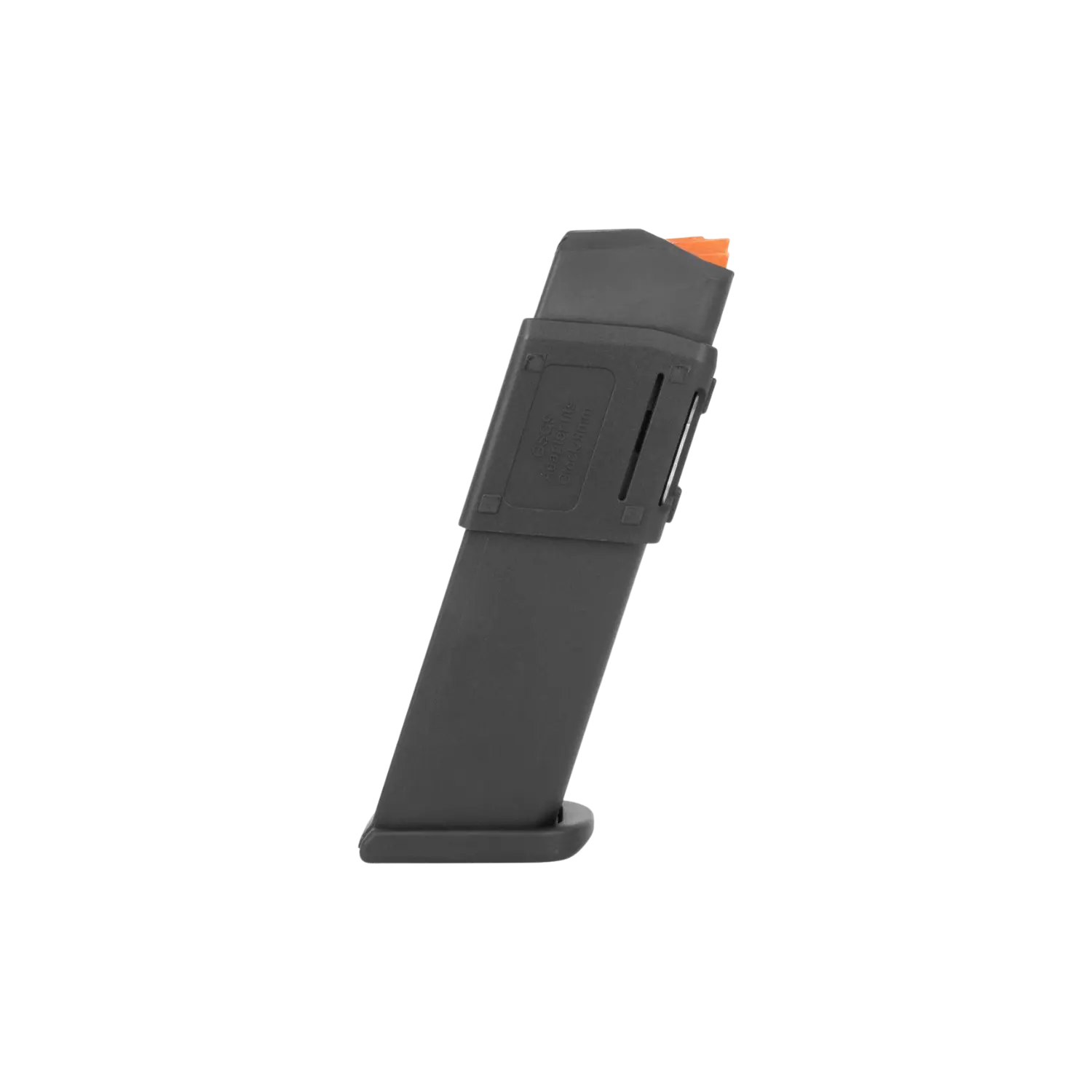 Schwarzes Magazin mit orangefarbener Spitze, rechteckig mit abgerundeten Kanten und seitlicher Aussparung.