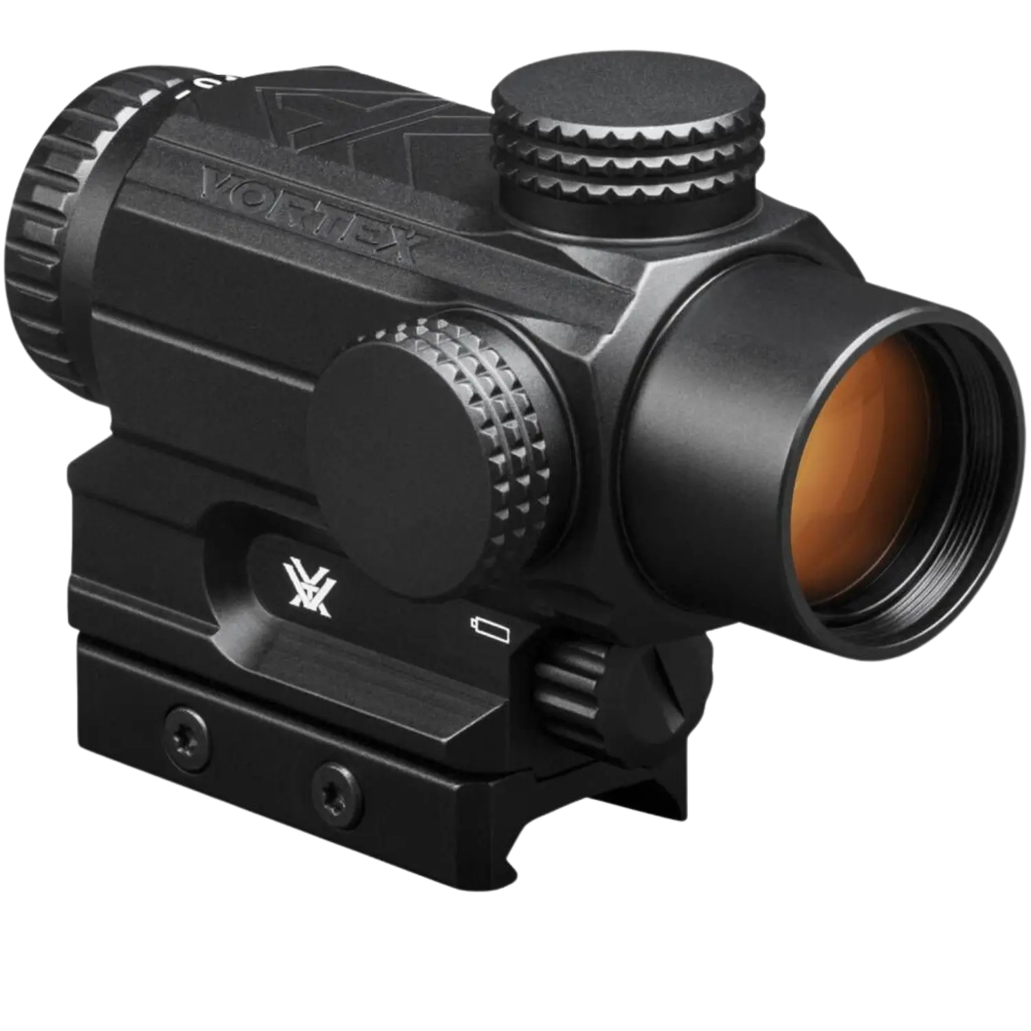 Schwarzes Vortex Spitfire AR Prismenvisier mit Einstellrädern und Montageschiene, seitliche Vortex-Logo sichtbar.
