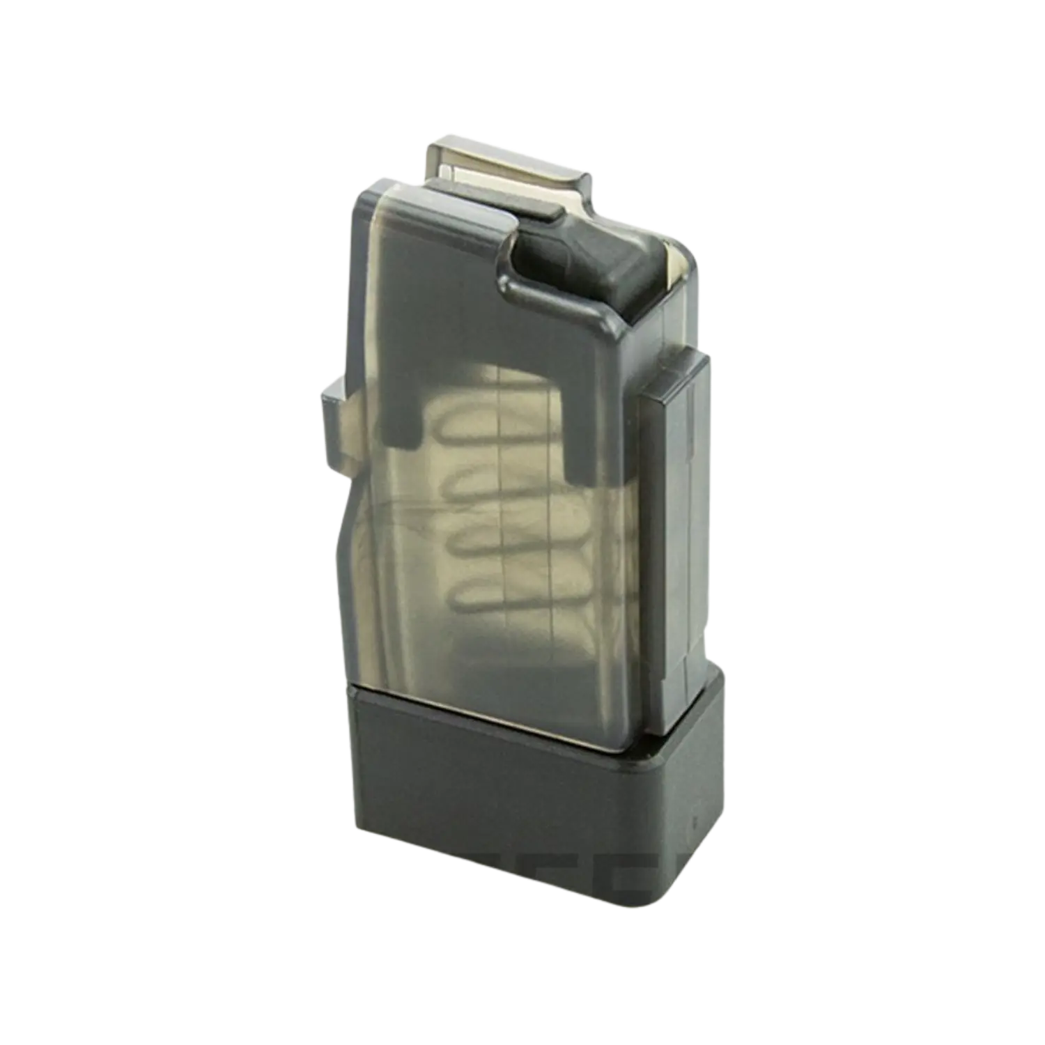 Transparente Magazin für CZ Scorpion Evo3, 9mm, mit schwarzem Boden und sichtbarem Innenmechanismus.