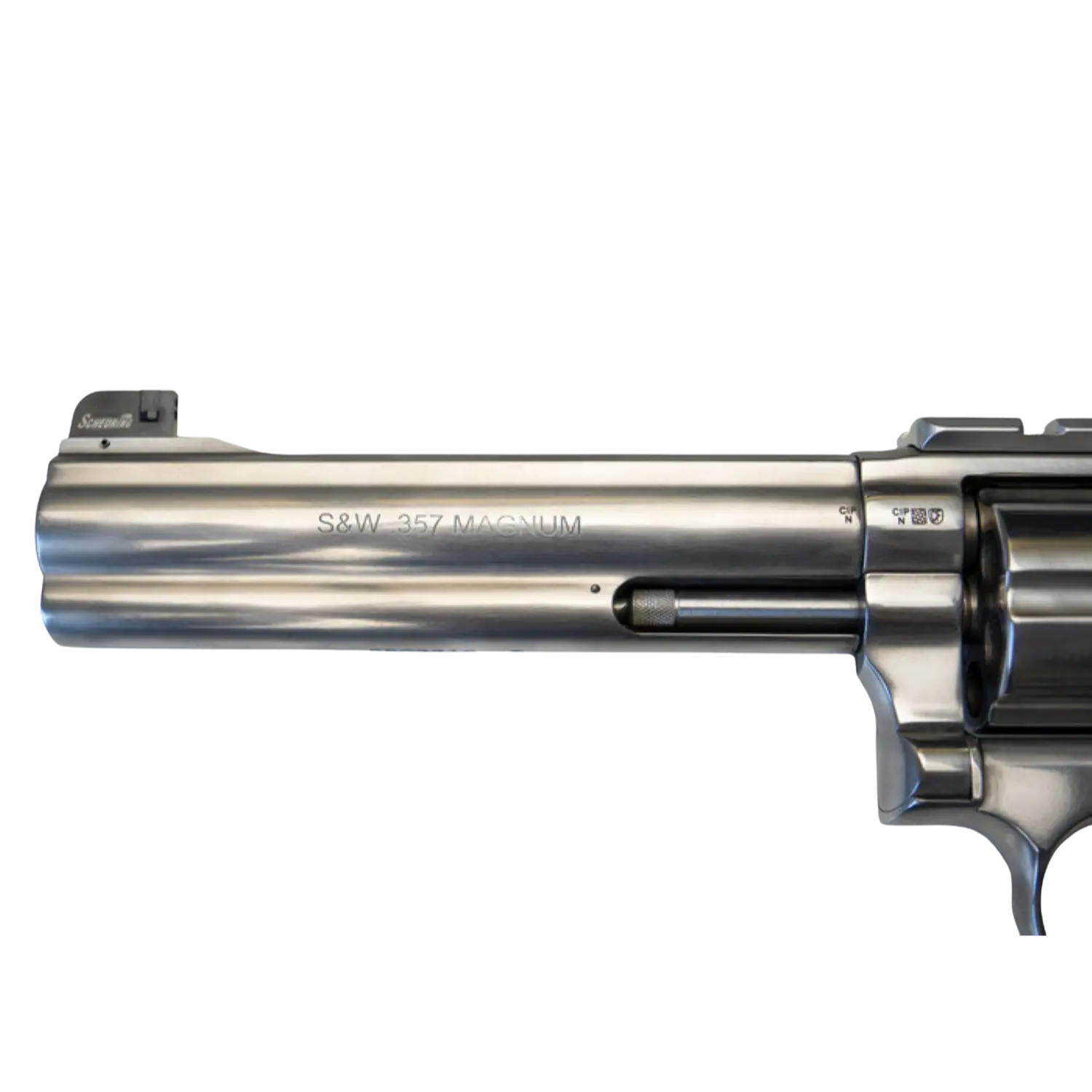 Revolver S&W 686, glänzender Metalllauf, eingravierte Beschriftung 'S&W 357 MAGNUM', seitliche Ansicht.