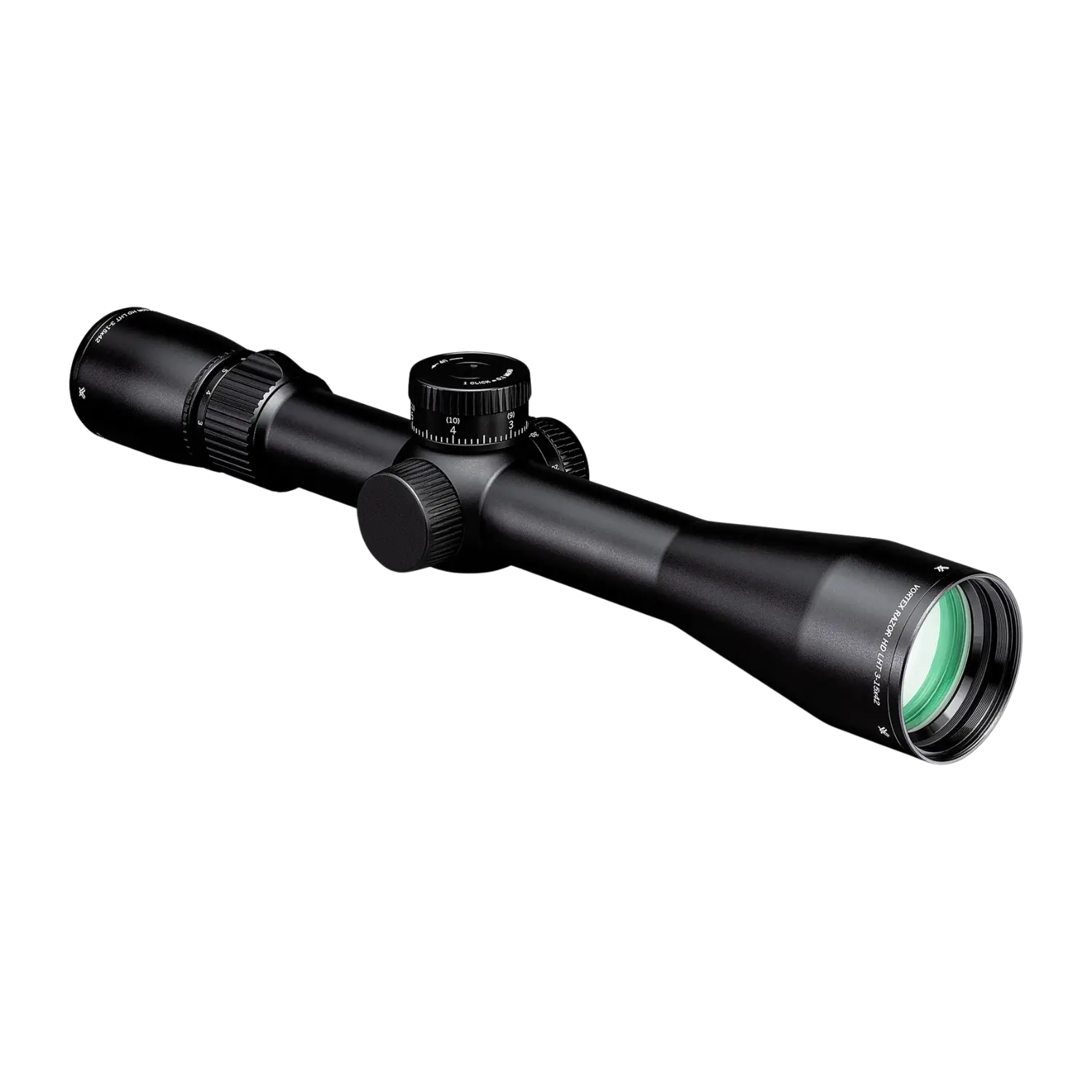Vortex Razor LHT 3-15x42 Zielfernrohr in Schwarz, mit einem langen, schlanken Körper, einem verstellbaren Okular und einem großen Objektiv mit grünem Glas.