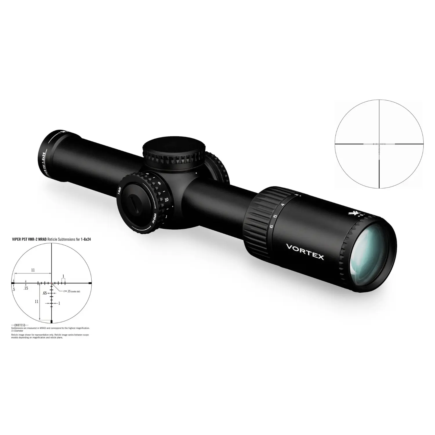 Vortex Zielfernrohr Viper PST Gen II 1-6x24 VMR-2 MRAD Schwarzes Zielfernrohr Vortex VOR-PST 1-6x24 mit verstellbaren Einstelltürmen und VMR-2 MRAD Absehen, dargestellt mit Detailansichten des Absehens.
