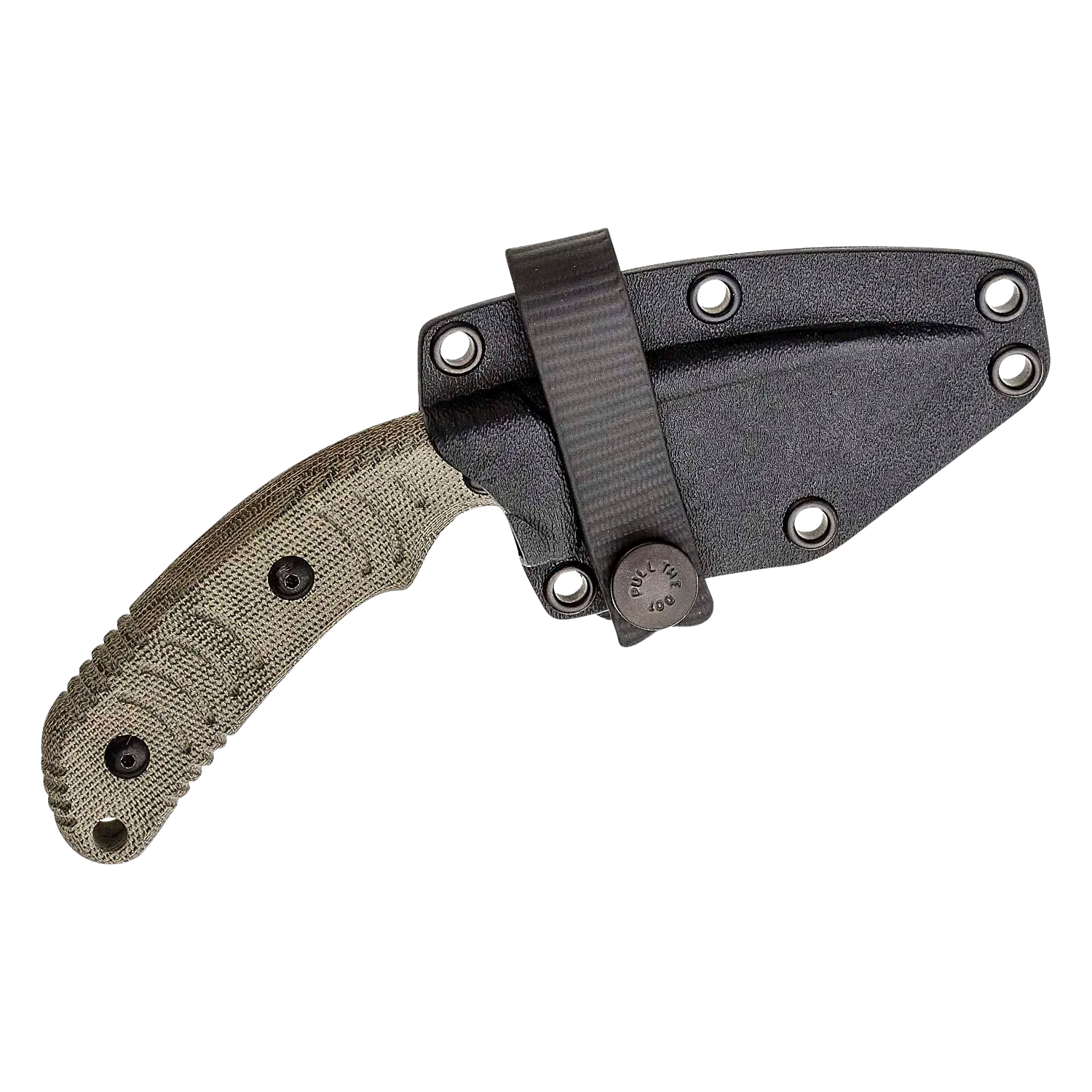 Bastinelli Askari Messer mit grünem Micarta-Griff und schwarzer Scheide aus Kunststoff mit Gürtelschlaufe.
